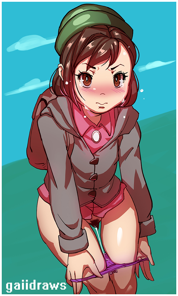 1girls, backpack, bag, beret, blue background, blush, brown eyes, brown hair, clothes, clothing, clouds, crying, day, eye contact, female, female only, gaiidraws, gloria (pokemon), hair, hairy, hat, hoodie, human, looking at viewer, nintendo, outdoors, panties, panties down, pokemon, pokemon ss, pubic hair, purple panties, pussy, pussy juice, short hair, sky, solo, tears, text, thigh gap, undressing, video games, watermark, white border, wide hips