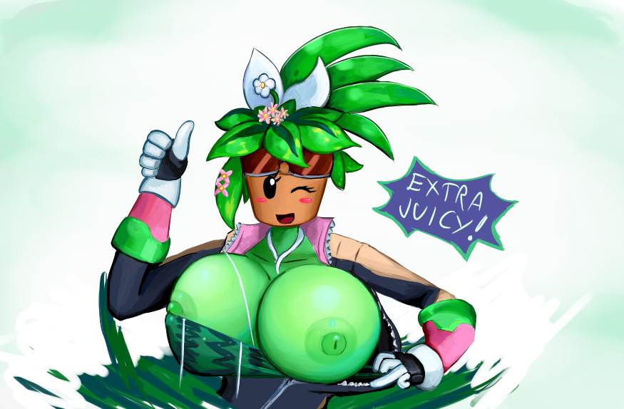 big_breasts blaster_master blaster_master_zero blaster_master_zero_2 bodysuit breasts cactuscacti color female female_only flower green_hair green_skin kanna_(blaster_master) looking_at_viewer mob_face plant_girl plantie solo thumbs_up unzipped_bodysuit watermelon_bra weeacactus wink