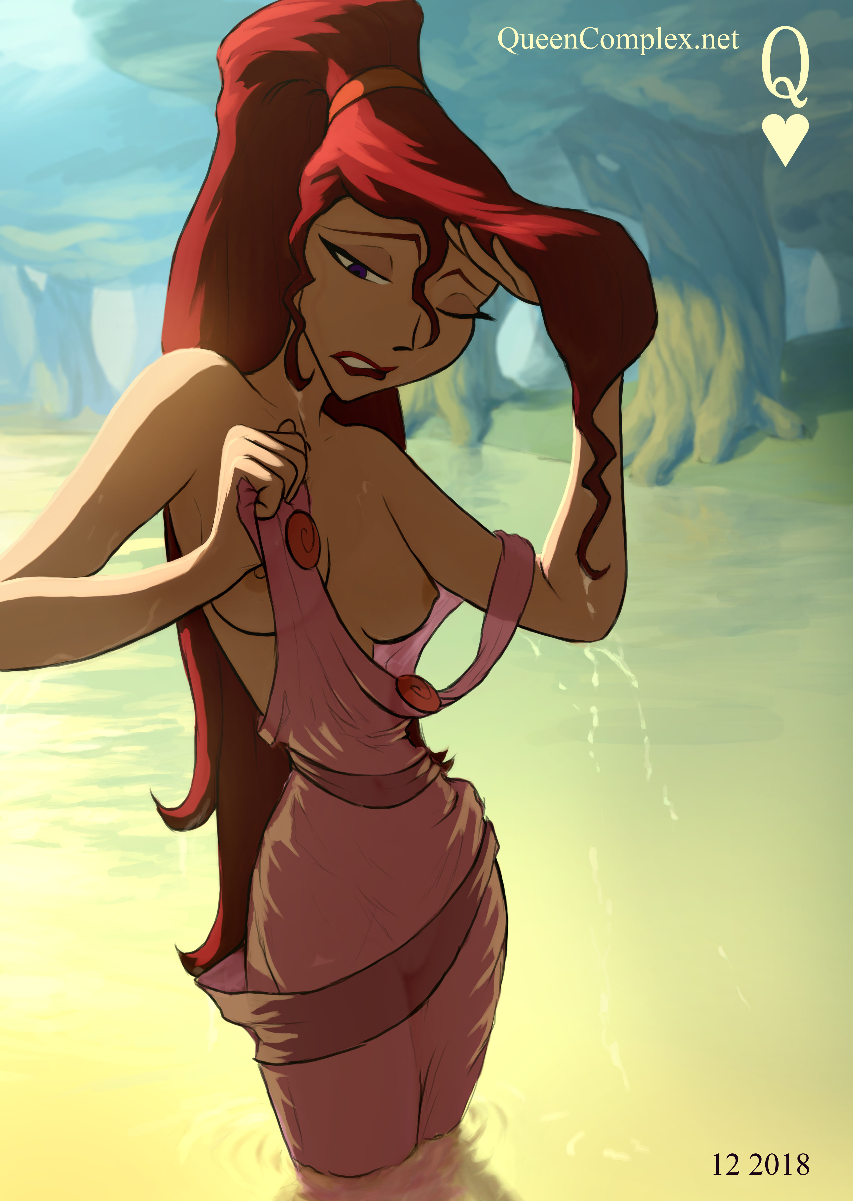 1girls, breasts, disney, dress, female, female only, hercules (disney), human, long hair, medium breasts, megara, nipple slip, nipples, no bra, ponytail, purple eyes, queencomplex, red hair, red-haired female, see-through, solo, standing, tied hair, transparent clothing, wardrobe malfunction, water, wet, wet clothes