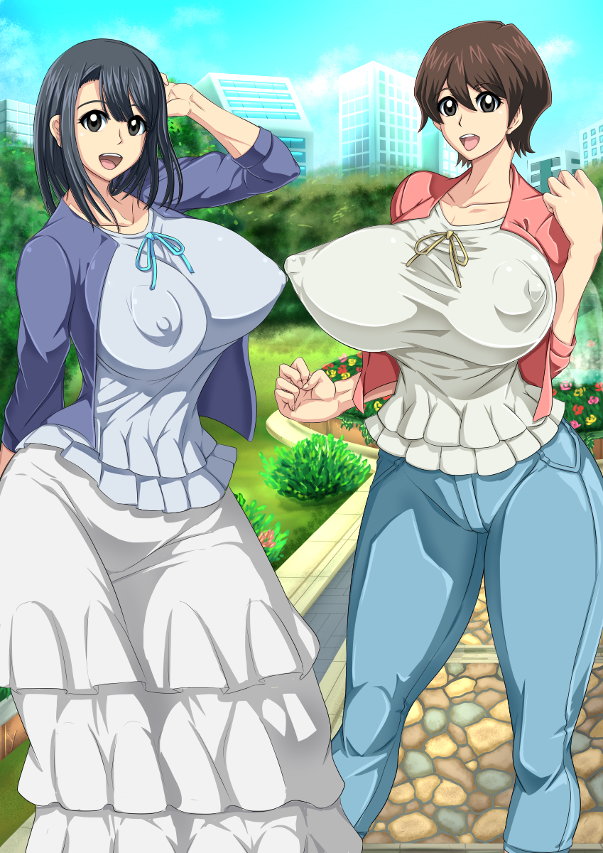 :d, 2girls, areola bulge, areolae, ashley (yu-gi-oh!), big areola, big breasts, black hair, breasts, brown hair, curvy, cute, female, fully clothed, huge areolae, huge breasts, konami, large areolae, large breasts, long hair, looking at viewer, meg (yu-gi-oh!), multiple females, multiple girls, nipple bulge, no bra, pokies, short hair, smile, thick, voluptuous, yu-gi-oh!, yu-gi-oh! duel links