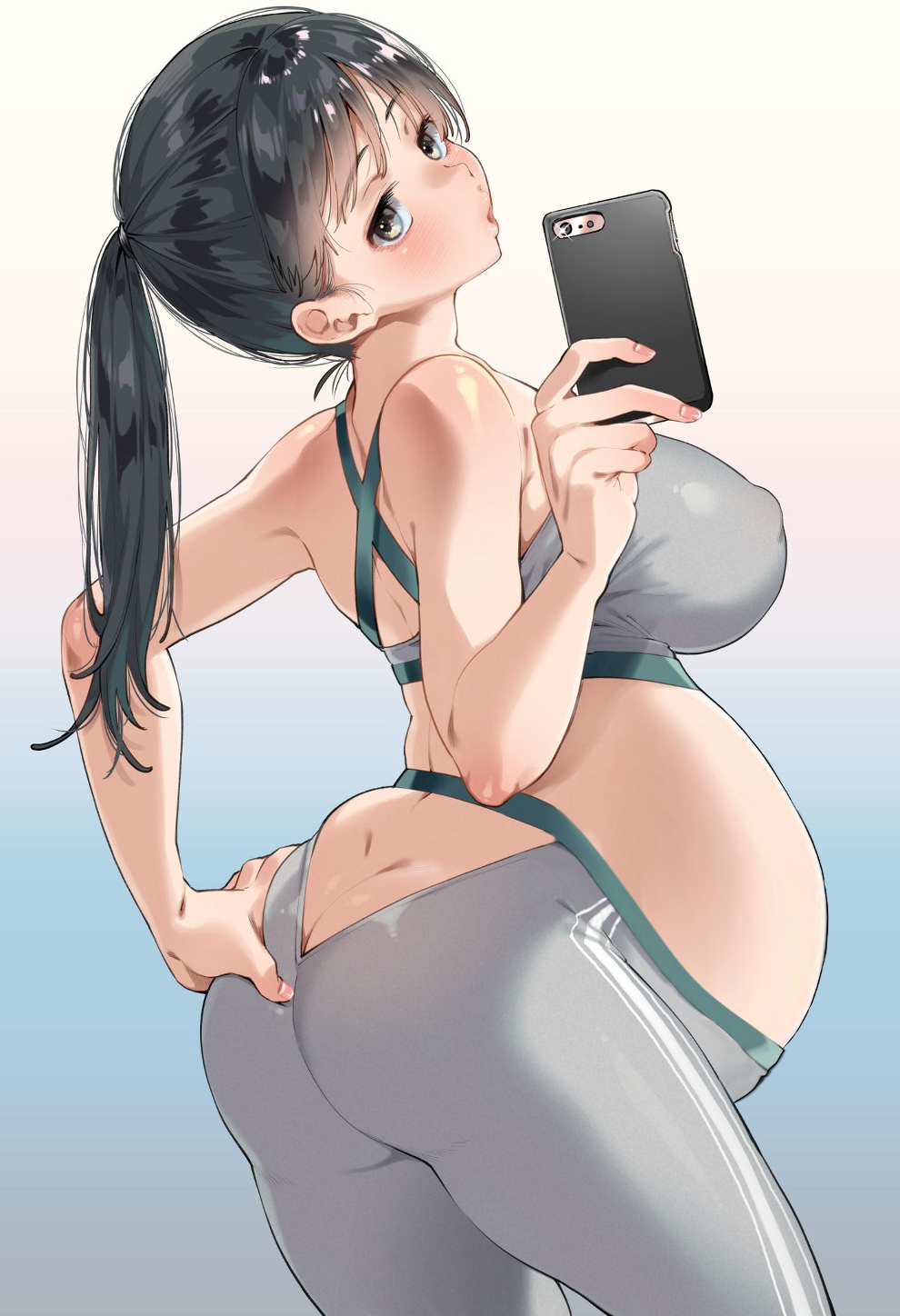 1girls armpits ass ass_cleavage ass_grab back bare_shoulders belly big_belly big_breasts black_hair blue_background blush bra breasts butt_crack clothed clothing curvaceous edit eye_contact eyelashes female female_only grey_eyes gym_uniform hand_on_ass high_resolution holding holding_cellphone holding_object huge_breasts human karasuma_yayoi large_breasts long_hair looking_at_viewer looking_back midriff oc open_mouth original original_character pants phone ponytail pregnant ready_to_pop sideboob smartphone solo sports_bra sportswear standing taking_picture thighs third-party_edit underwear