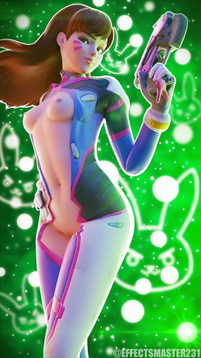 1girls, 3d, areolae, blender, breasts, brown eyes, brown hair, d.va, effectsmaster231, female, female only, gun, overwatch, solo