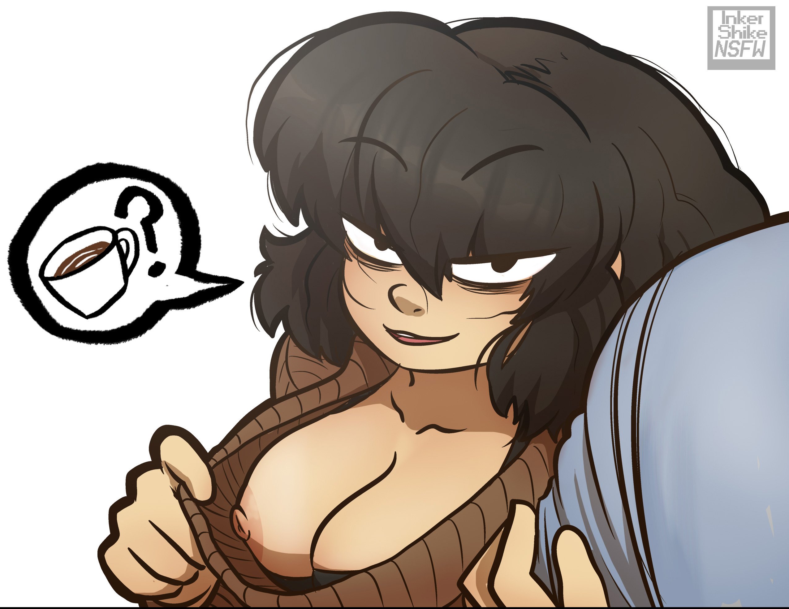 1girls, black hair, breasts, female, inkershike, maire (inkershike), nipples, short hair, simple background, smile