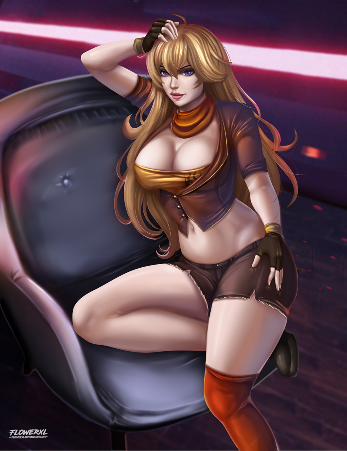 1girls, big breasts, blonde hair, breasts, cleavage, female, female only, flowerxl, large breasts, looking at viewer, pinup, rwby, solo, yang xiao long
