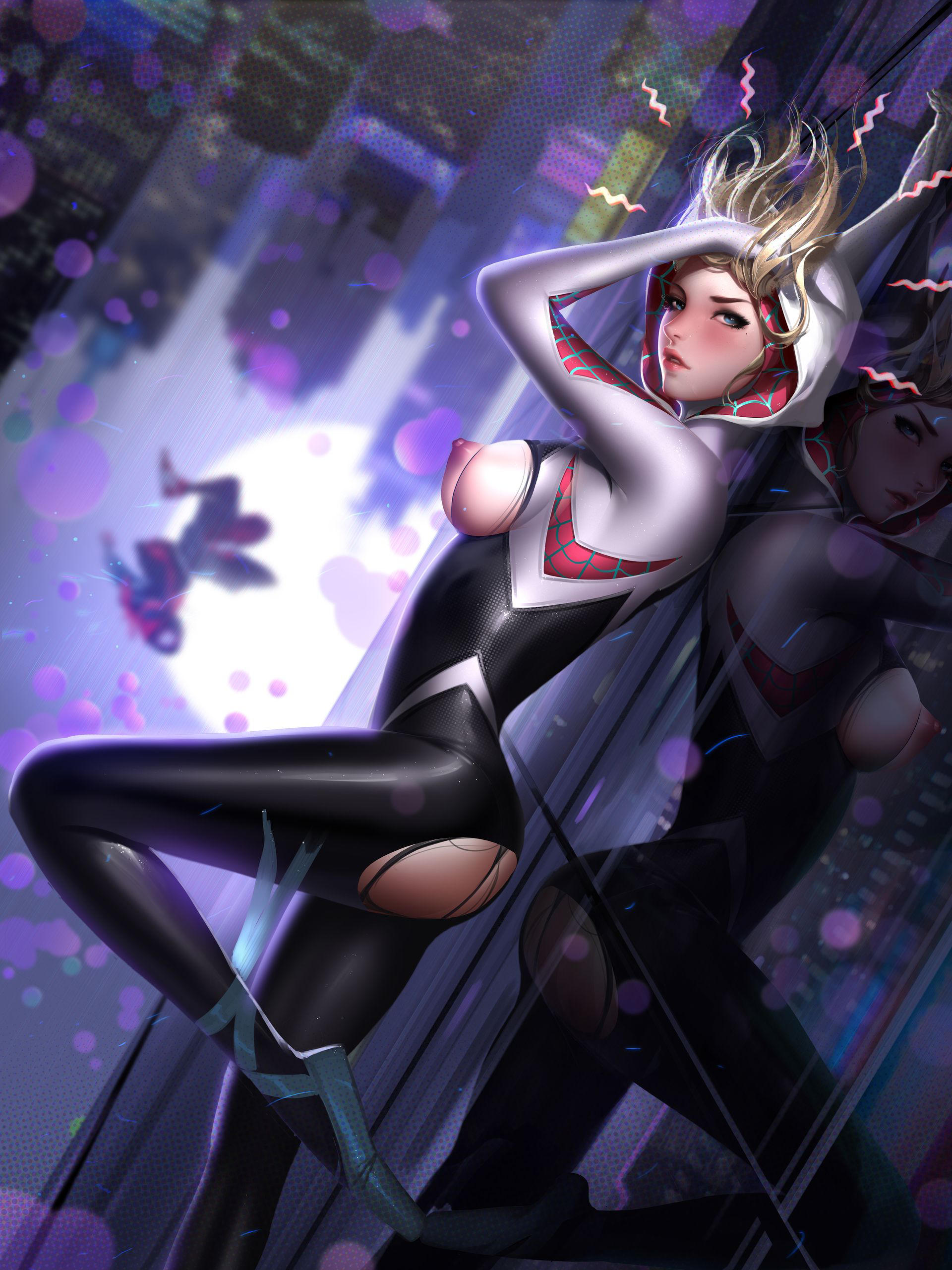 1girls, absurdres, areolae, ass, ballet slippers, breasts, female, gwen stacy, gwen stacy (spider-verse), highres, liang xing, male, marvel, marvel comics, nipples, solo, spider-gwen, spider-man (series), spider-man: into the spider-verse, superhero, superhero costume, superheroine