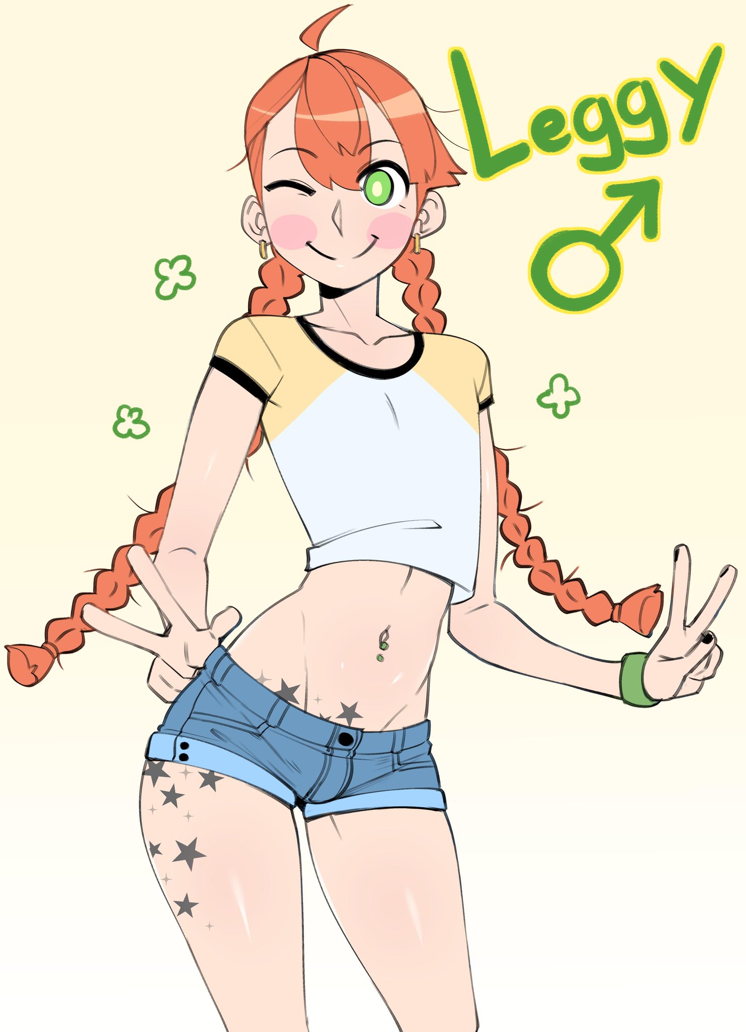 1boy, androgynous, blush, bracelet, buttholemagick, double v, ear piercing, earrings, femboy, girly, green eyes, hoop earrings, jean shorts, leggy (tobiass), male, navel, navel piercing, orange hair, short shorts, solo, tattoo, thighs, twintails, v, white skin, wink