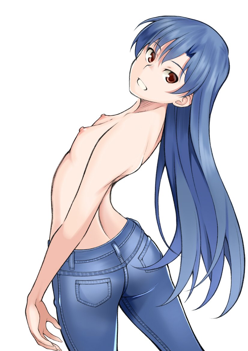 blue_hair brown_eyes denim eyebrows_visible_through_hair female flat_chest idolmaster idolmaster_(classic) kisaragi_chihaya long_hair looking_back nipples open_mouth simple_background solo takano_(sora) topless very_long_hair white_background