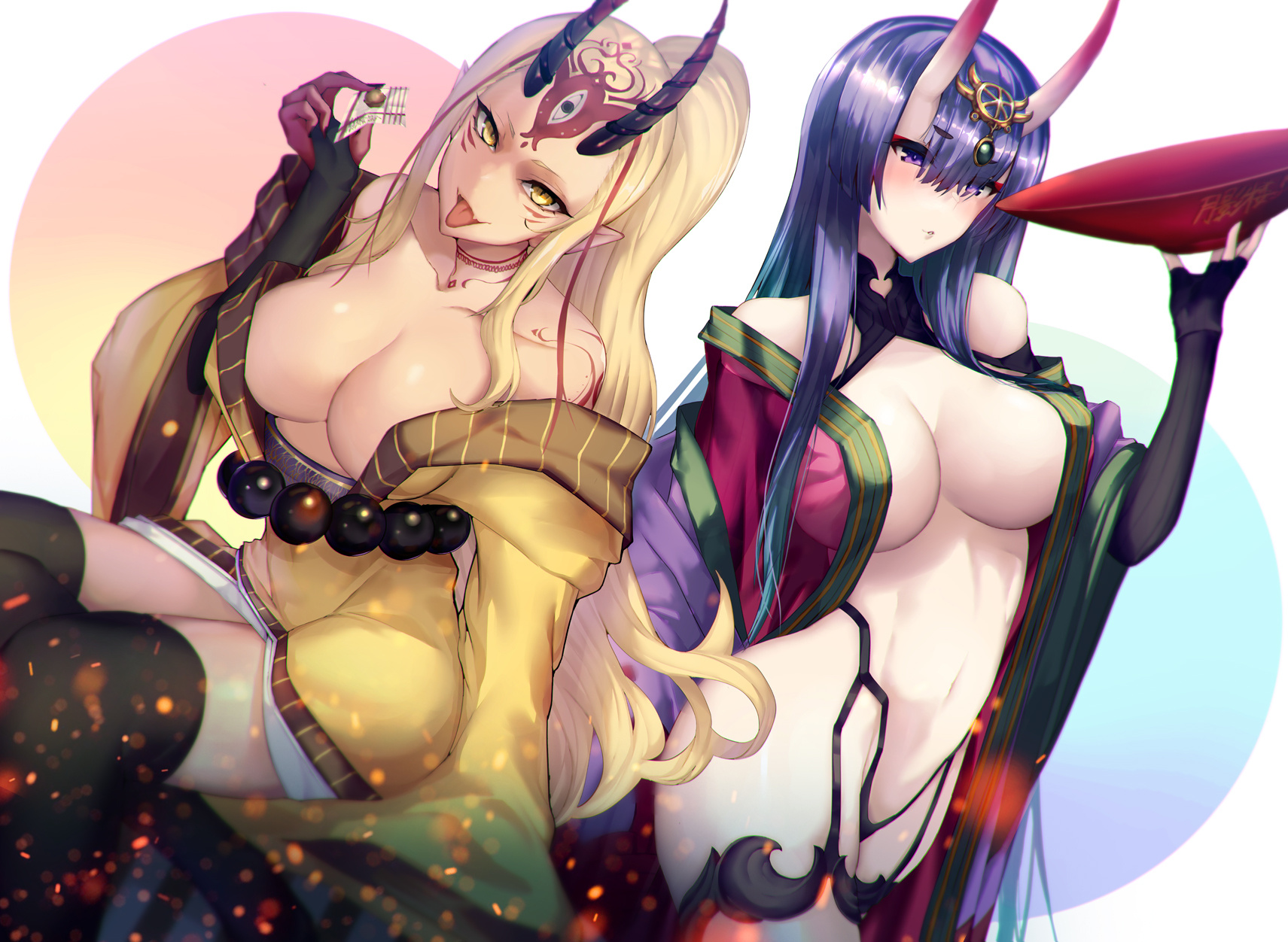 2girls, aged up, alternate breast size, fate (series), female, female only, ibaraki douji (fate), multiple females, multiple girls, oni, satou daiji, shuten douji (fate)