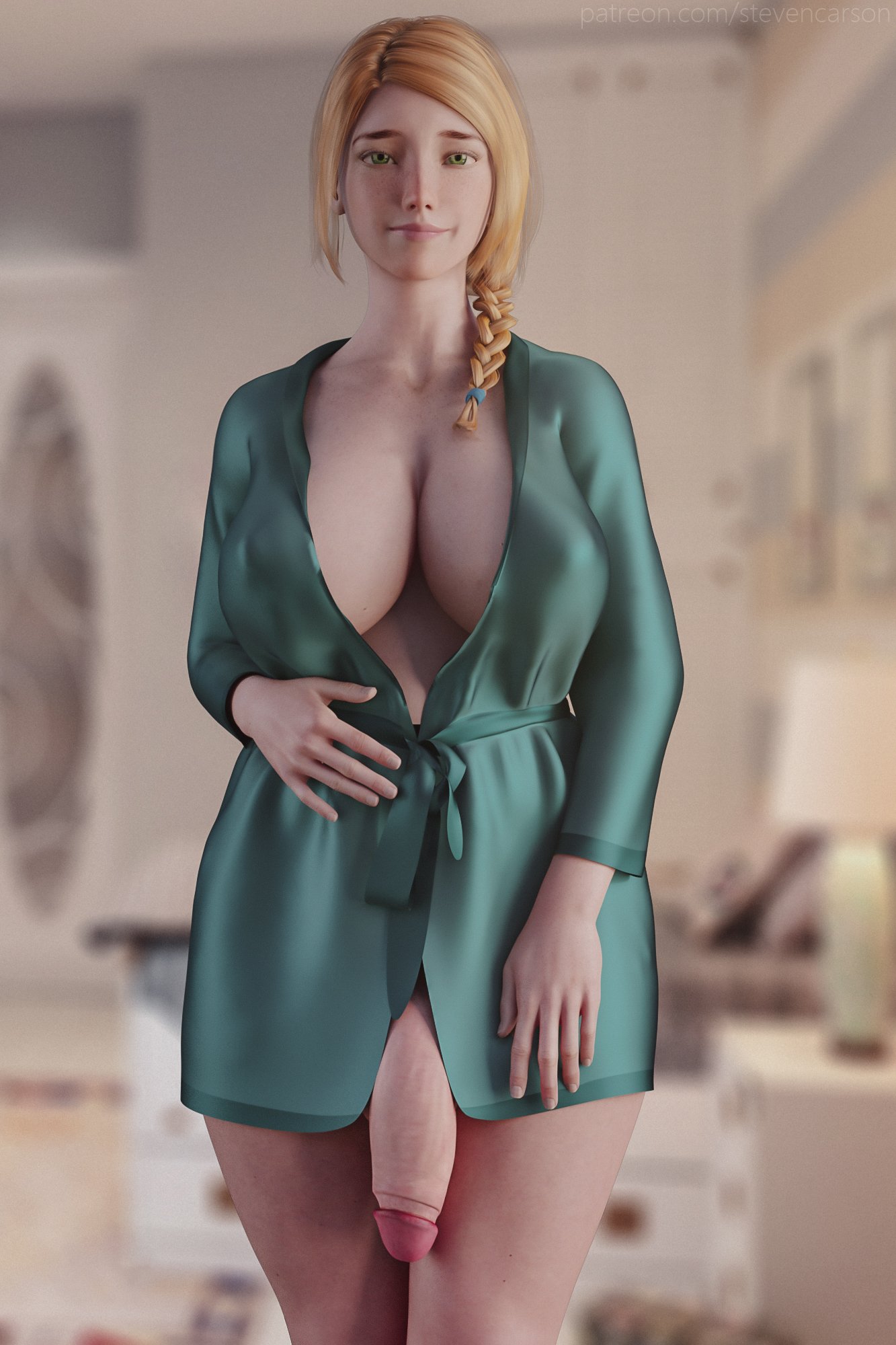 1futa, 3d, aurora (zero one), balls, bimbo, blonde hair, bottomless skirt, breasts, casual exposure, casual nudity, cleavage, curvy, erect nipples, flaccid, futa only, futanari, green eyes, huge breasts, huge cock, huge penis, intersex, long hair, looking at viewer, nipple bulge, nipples, no panties, penis, penis out, penis under clothes, penis under skirt, realistic, robe, skirt, solo, solo futa, standing, stevencarson, wide hips