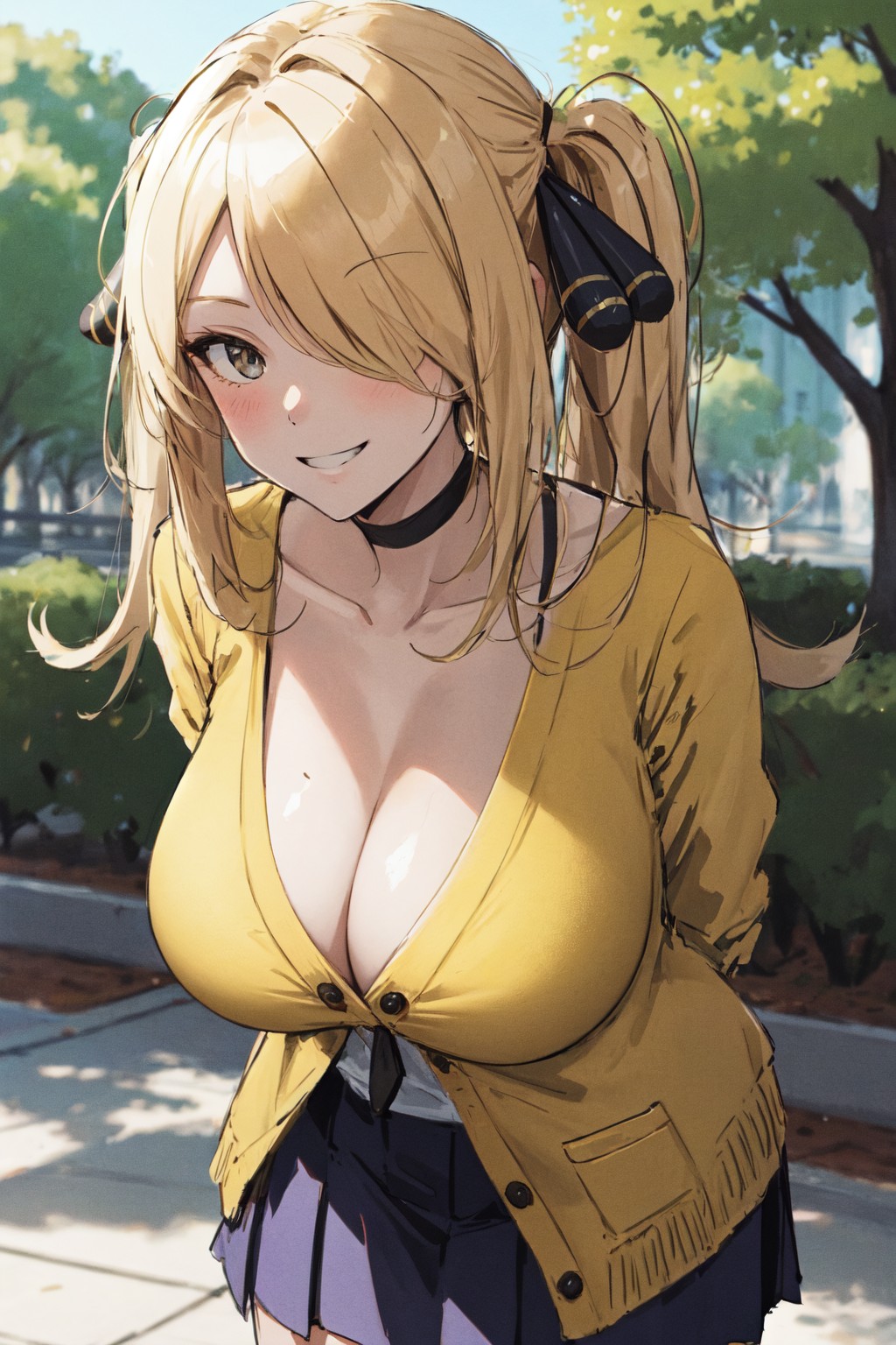 1girls ai_generated blonde_hair breasts choker cleavage cynthia_(pokemon) female flyingpancake huge_breasts light-skinned_female light_skin long_hair naughty_face nintendo outdoors pokemon pokemon_dppt school_uniform schoolgirl stable_diffusion teasing_viewer twintails