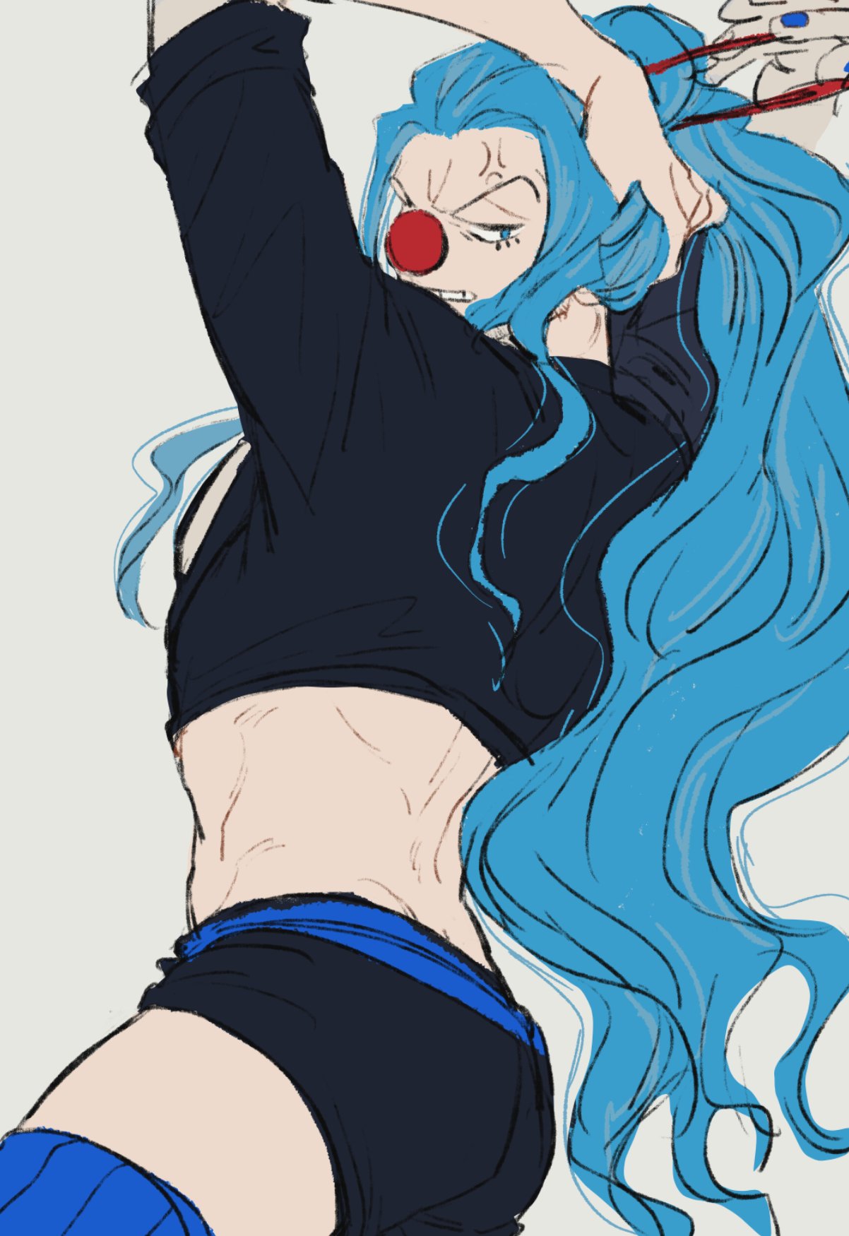 anger_vein angry blue_hair buggy_the_clown clown clown_nose crop_top guillartee human_artist long_hair long_hair_male looking_back male male_only one_piece pale-skinned_male pale_skin short_shorts shorts solo thighhighs tying_hair