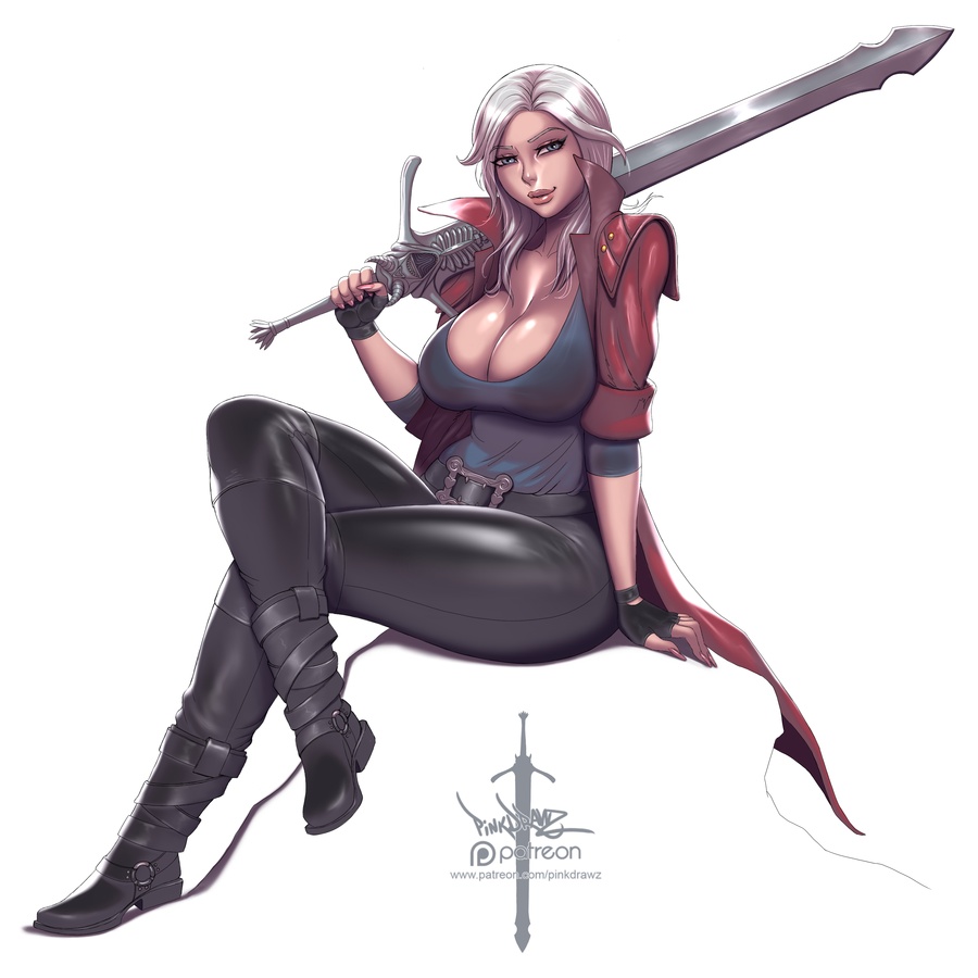 1girls, 2d, belt, big breasts, blue eyes, boots, breasts, capcom, cleavage, clothed, clothed female, clothing, dante (devil may cry), devil may cry, devil may cry (series), devil may cry 5, female, female focus, female only, fully clothed, genderswap, genderswap (mtf), gloves, jacket, large breasts, large thighs, leather pants, legs crossed, lips, lipstick, long fingernails, nail polish, nails, patreon, patreon logo, pinkdrawz, raised eyebrows, rule 63, smiling, solo, solo focus, sword, voluptuous, white hair