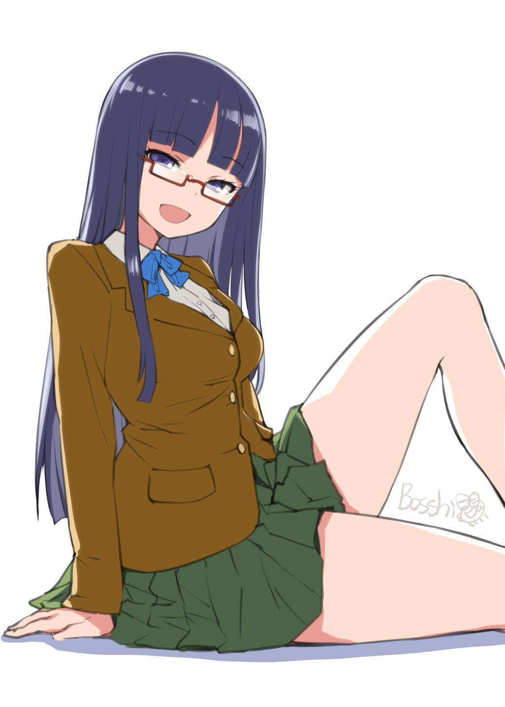 artist_name artist_signature bangs black_hair blunt_bangs bosshi clothed clothing female_only futabu glasses highres hime_cut legs light-skinned_female light_skin long_hair looking_at_viewer oohashi_sumika purple_eyes purple_hair school_uniform simple_background sitting skirt solo thick_thighs thighs white_background