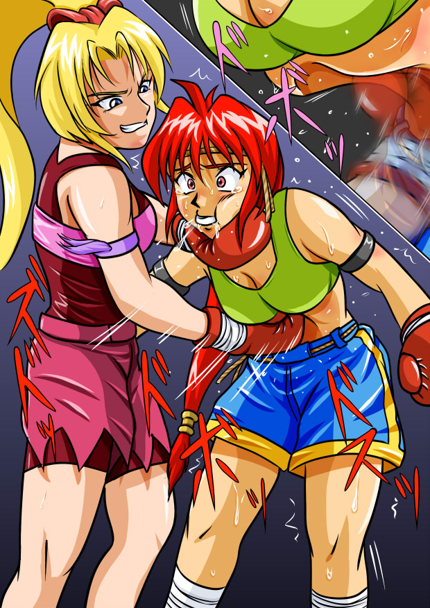 2girls ayane's_high_kick ayane_mitsui belly belly_punch big_breasts blonde_hair colored crying crying_with_eyes_open doujin doujinshi female female_focus female_only fist large_boobs large_breasts multiple_girls red_eyes red_hair ryona sakurako_miyagawa tears tears_of_pain