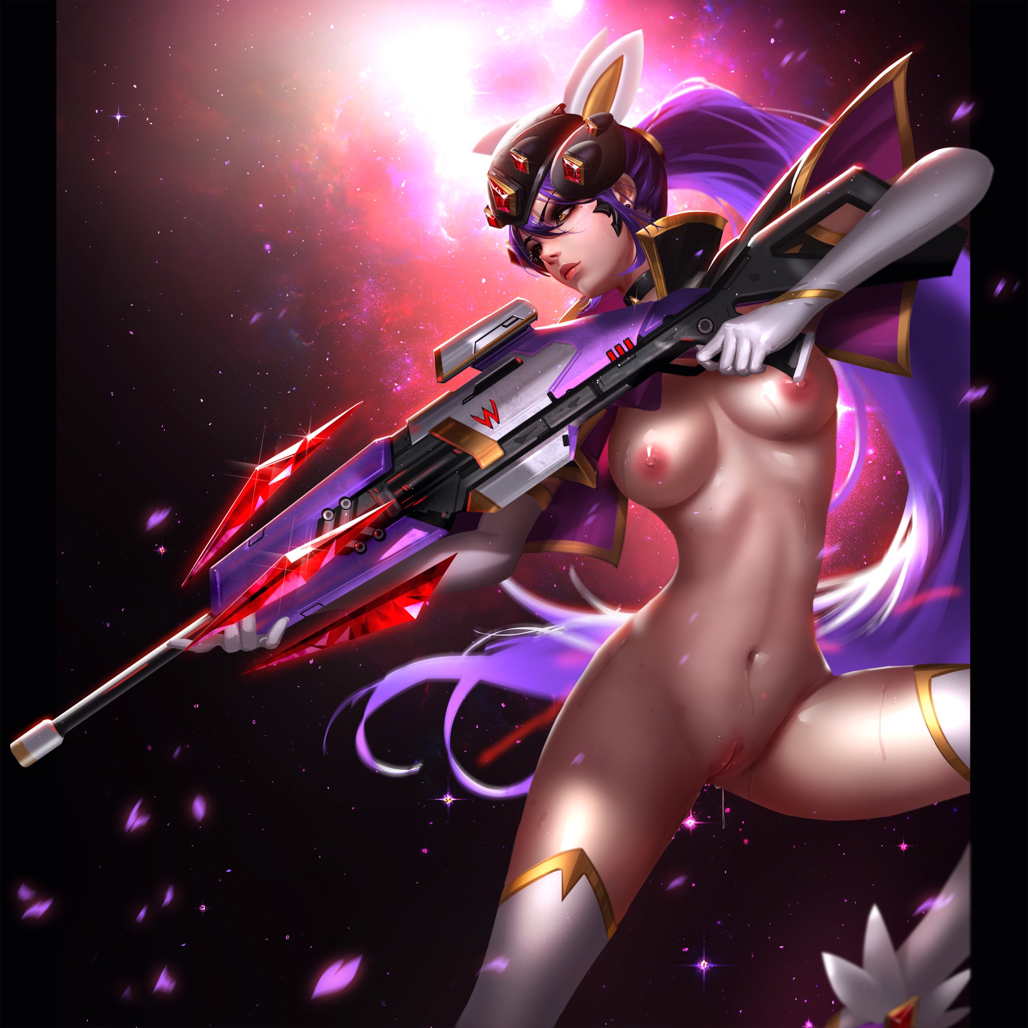 1girls, breasts, female, gun, liang xing, medium breasts, naked footwear, navel, nipples, overwatch, ponytail, pussy, pussy juice, tagme, widowmaker