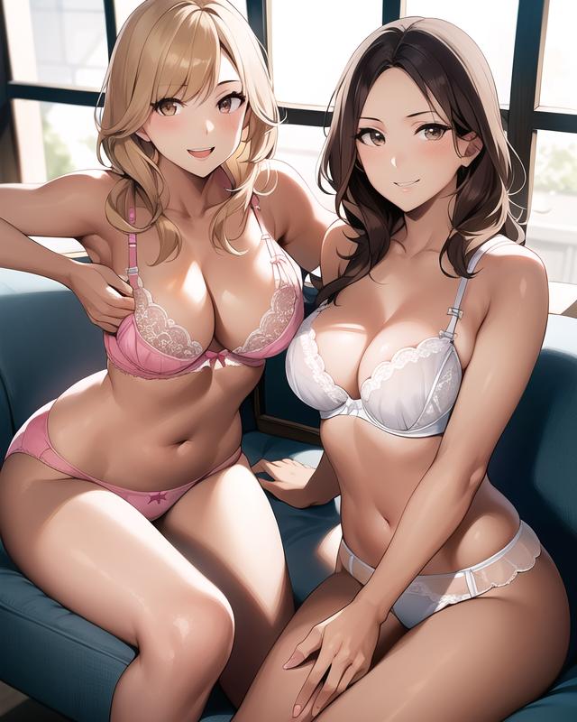 2girls ai_generated ai_mirror belly_button blonde_hair blush brown_eyes brown_hair holding_bra looking_at_viewer medium_breasts medium_hair open_mouth pink_underwear sitting smile sofa together underwear white_skin white_underwear window