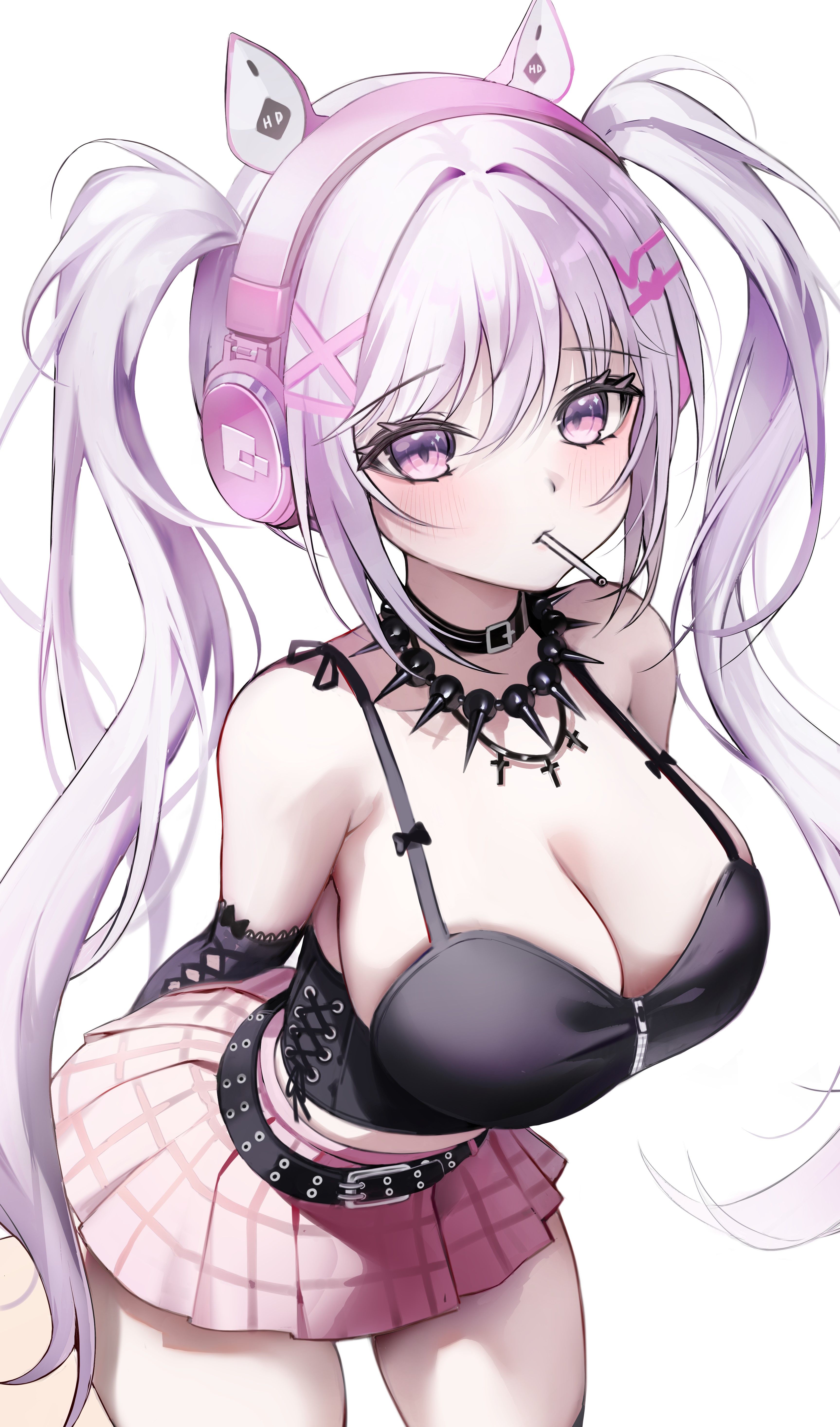 1girls, alice (nikke), breasts, cleavage, collar, female, female only, fully clothed, goddess of victory: nikke, hair between eyes, headphones, large breasts, leather collar, lollipop, miniskirt, pink eyes, revealing clothes, skirt, thighs, twintails, white background, white hair