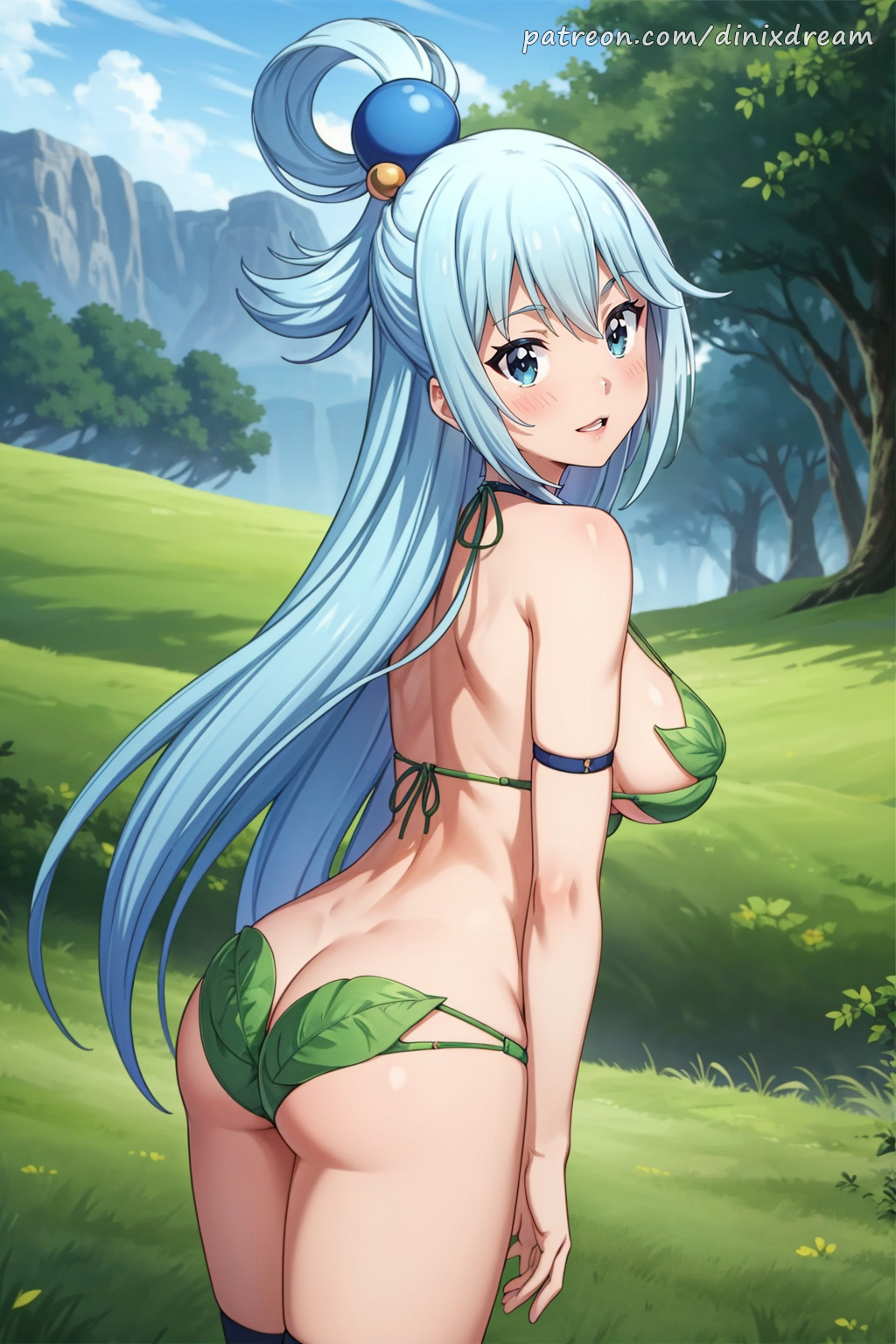 ai_generated aqua_(konosuba) bangs blue_eyes blue_hair blush breasts cleft_of_venus collarbone completely_nude covered_navel dinixdream female hair_ornament hair_rings kono_subarashii_sekai_ni_shukufuku_wo! large_breasts long_hair looking_at_viewer nipples nude onsen open_mouth outdoors outside patreon patreon_username pussy sky smile solo stone_path towel uncensored watermark