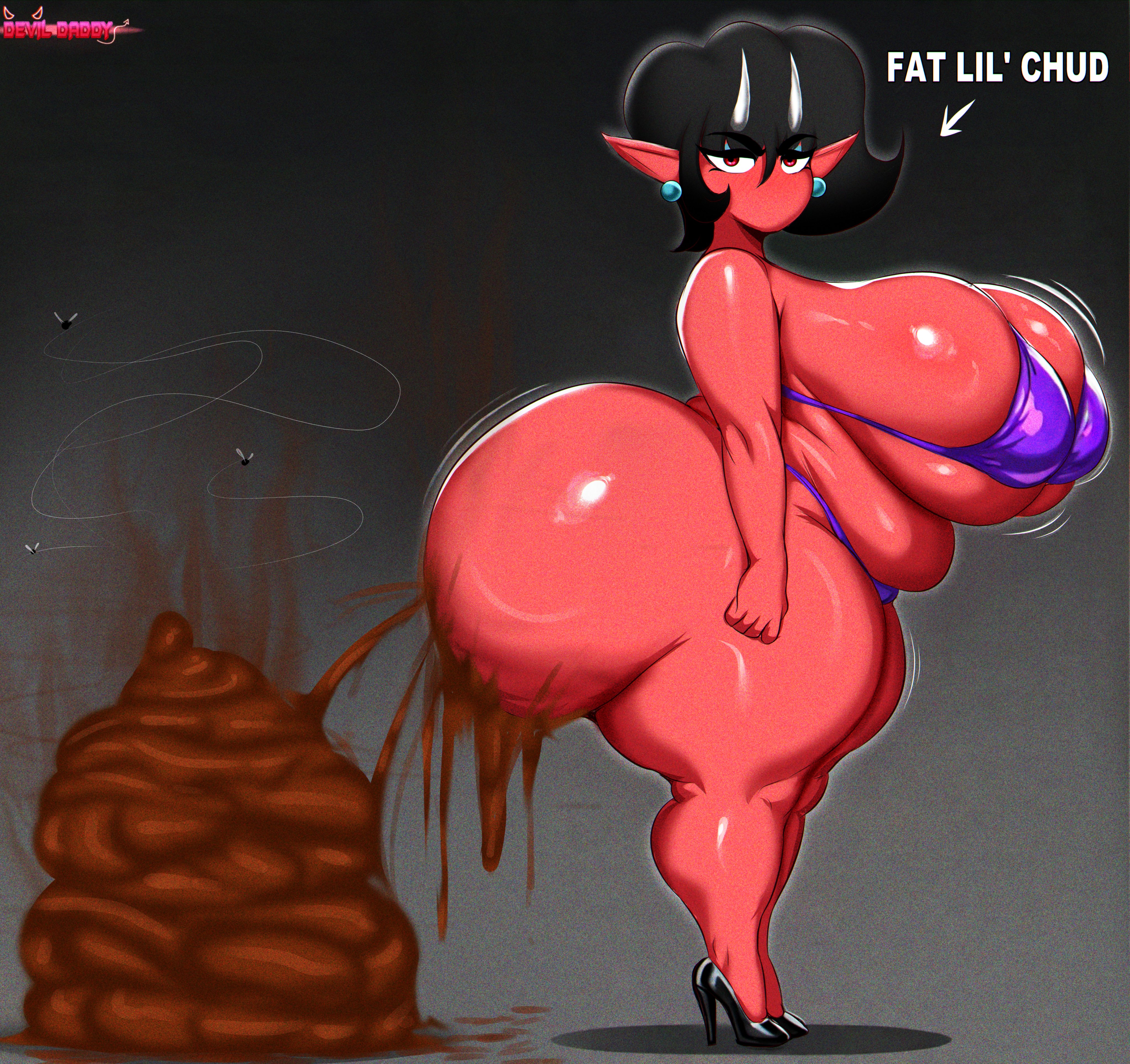 1girls, ass, big ass, big breasts, bikini, black hair, bottom heavy, breasts, bubble butt, busty, demessa (devil daddy), demon, demon girl, devil xtreme, evil container, fat ass, female, female focus, female only, heels, high heels, huge ass, huge breasts, hyper, hyper ass, hyper breasts, hyperscat, large ass, large breasts, looking at viewer, massive ass, meme, no mouth, poop, pooping, pooping on floor, profile, red eyes, red skin, scat, shit, shitting, shitting on floor, shoes, short, shortstack, side view, slightly chubby, slightly chubby female, solo, swimsuit, text, thick ass, thick thighs, thunder thighs, wide hips