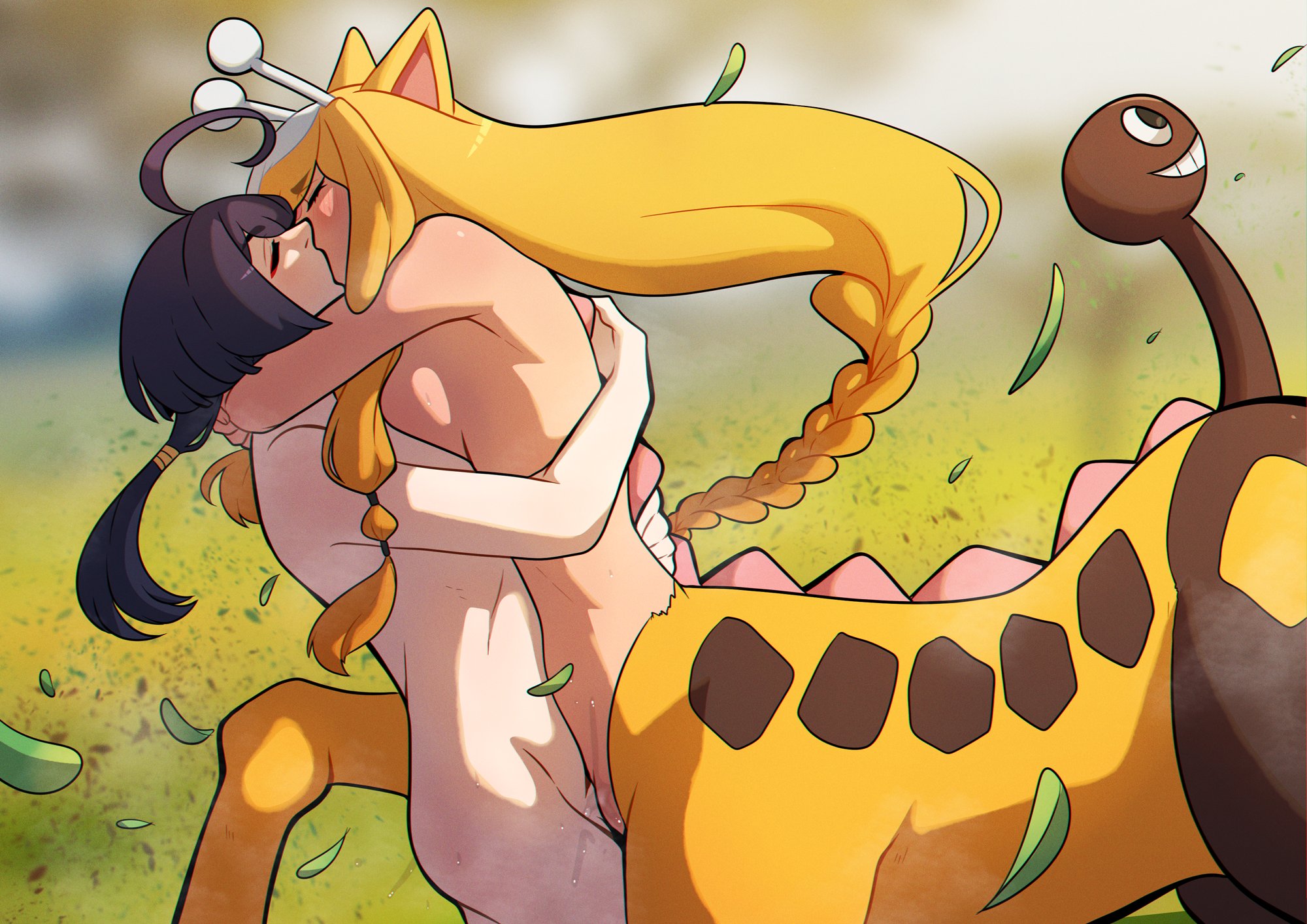 1boy, 1girls, 2024, blonde hair, braid, breast press, breasts, female, game freak, generation 2 pokemon, girafarig, interspecies, kinkymation, kissing, light skin, light-skinned female, light-skinned male, male, nude, nude male, pokemon, pokemon (species), pokemon gsc, pokemorph, pokemusu, purple hair, pussy, sex, straight, vagina, vaginal penetration, vaginal sex, very long hair