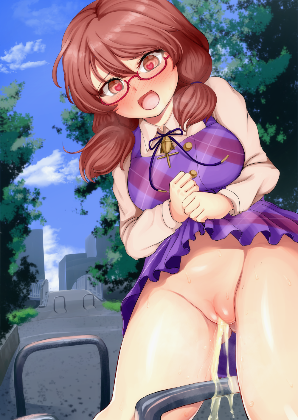 bar blush bottomless breasts brown_eyes brown_hair building censored clothing cloud collar dress dress_lift exhibitionism fat_mons female frills glasses gluteal_fold heart heart-shaped_pupils highres innie_pussy large_breasts mosaic_censoring no_hat no_headwear open_mouth outdoors peeing public_urination pussy sadahiro_(chicken_nugget_gyuuniku_aji) short_twintails solo sumireko_usami symbol-shaped_pupils touhou tree twintails