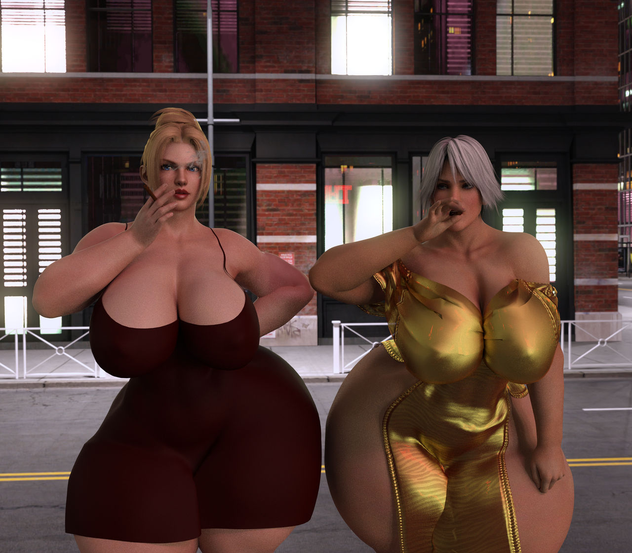 2girls 3d aged_up big_breasts blonde_hair christie_(doa) cigar cleavage curvaceous curvy_body dead_or_alive dress_slit holding_object huge_breasts light-skinned_female light_skin mature mature_female night nighttime ninja_gaiden rachel_(ninja_gaiden) smoking thick_thighs tkgbxard3d voluptuous voluptuous_female white_hair wide_hips