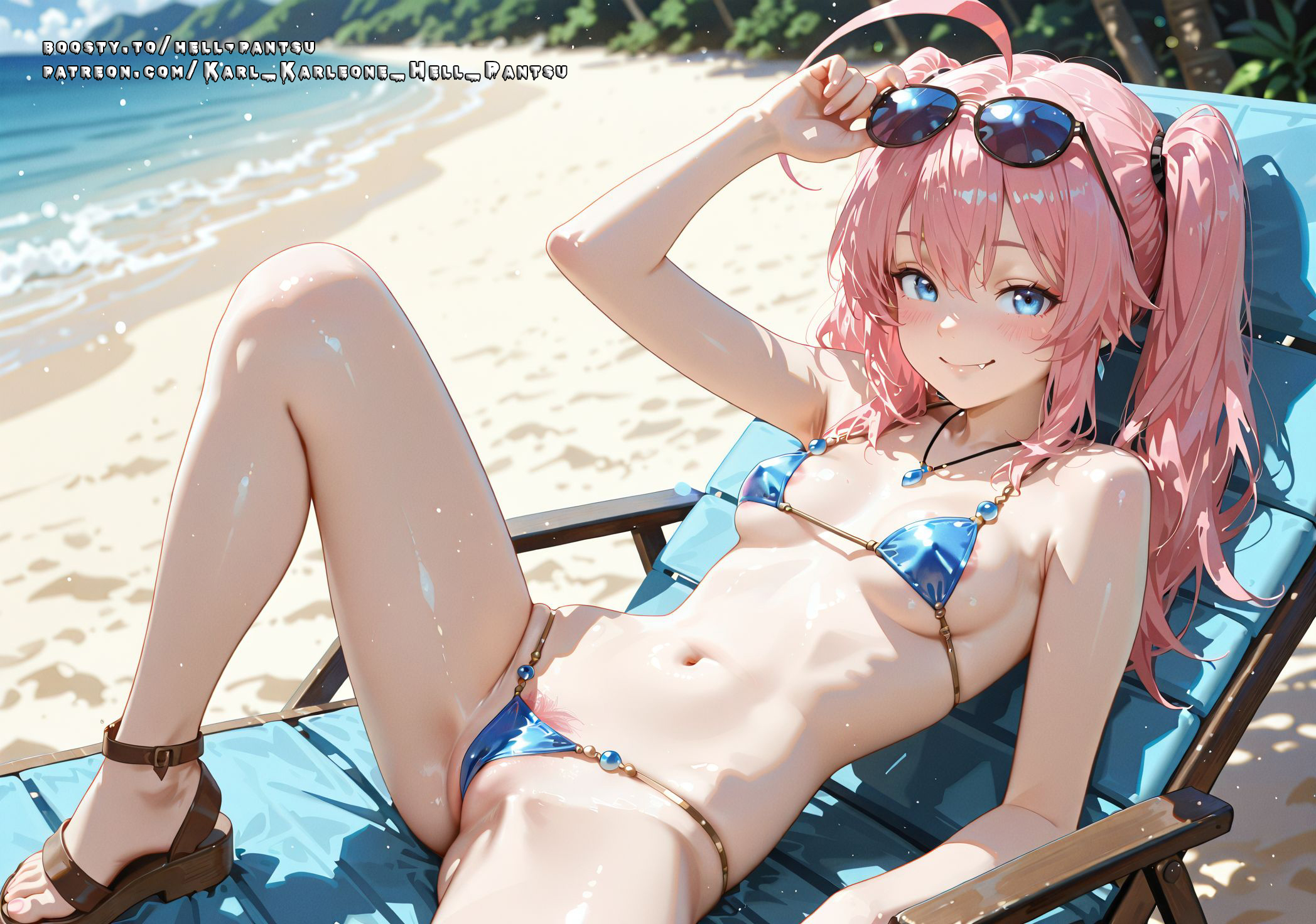 1girls, ai generated, ass, bikini, blue eyes, breasts, color, colored, female, female only, hell-pantsu, hi res, milim nava, pink hair, pussy, small breasts, solo, tensei shitara slime datta ken, uncensored