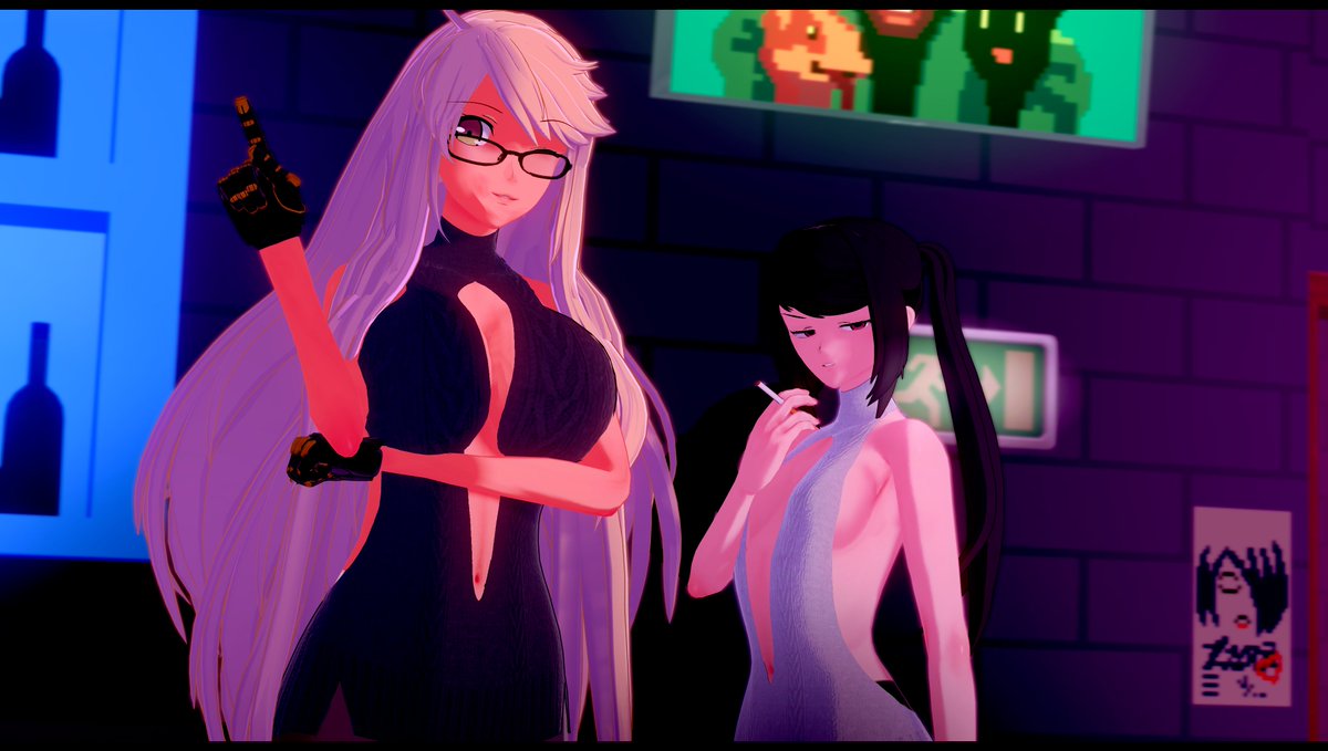 2girls 3d ahoge alma_armas black_hair blonde_hair cigarette dark-skinned_female dark_skin julianne_stingray koikatsu large_breasts light-skinned_female light_skin long_hair looking_at_viewer looking_away ponytail spiritofrei tagme twintails va-11_hall-a virgin_killer_sweater