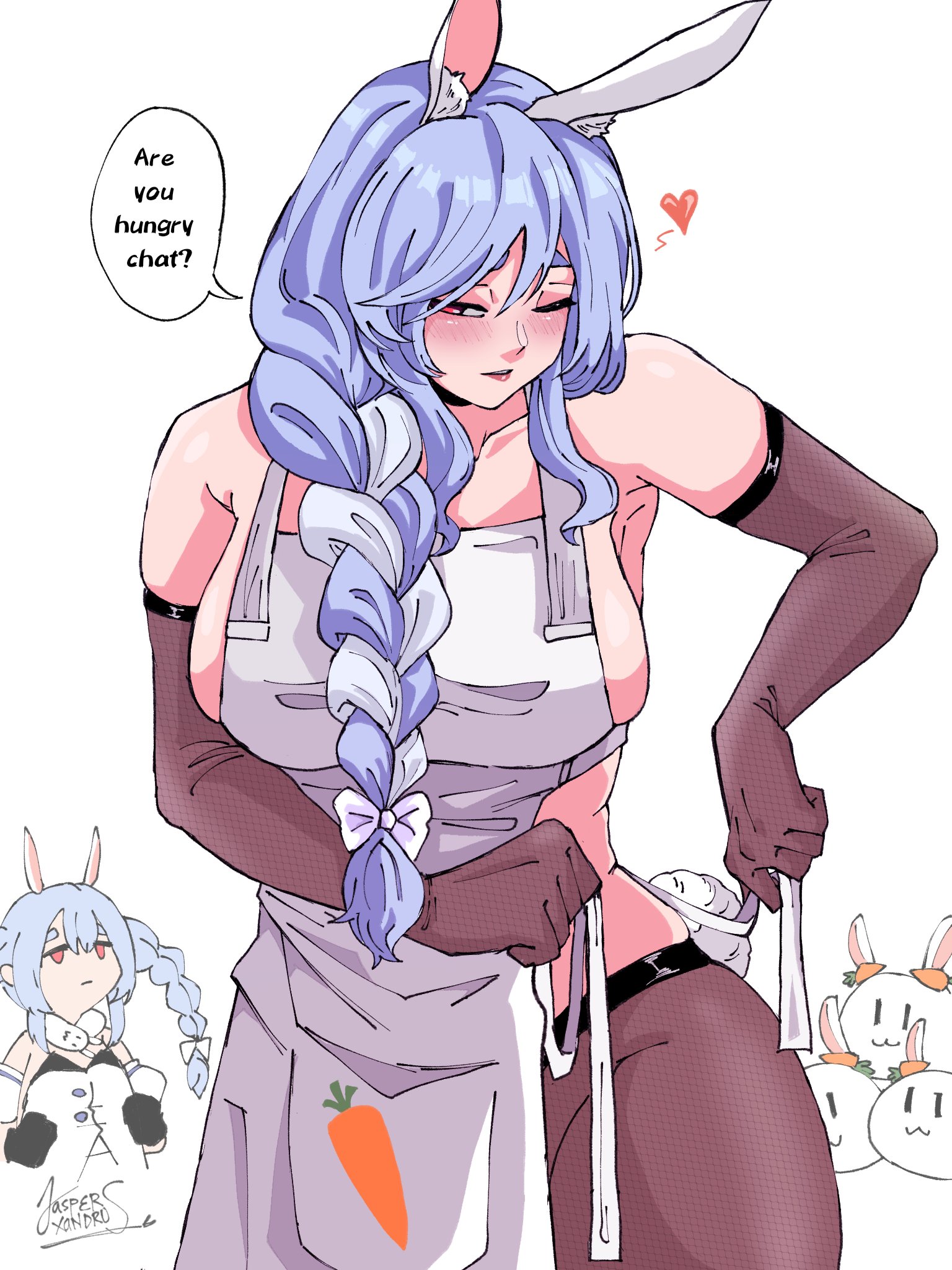 2girls, anime style, apron, armwear, blue hair, braided hair, breasts, female, hololive, hololive fantasy, hololive japan, large breasts, legwear, light skin, light-skinned female, lipstick, mature female, milf, mother, mother and daughter, multiple females, multiple girls, nipples, older female, pekomama, rabbit ears, rabbit girl, rabbit tail, seductive look, spoken heart, thick thighs, usada pekora, virtual youtuber, vtuber, white background, white bow