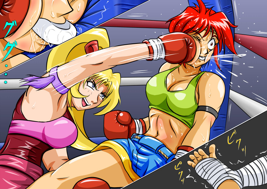 2girls ayane's_high_kick ayane_mitsui belly belly_punch big_breasts blonde_hair colored doujin doujinshi female female_focus female_only fist large_boobs large_breasts multiple_girls red_eyes red_hair ryona sakurako_miyagawa