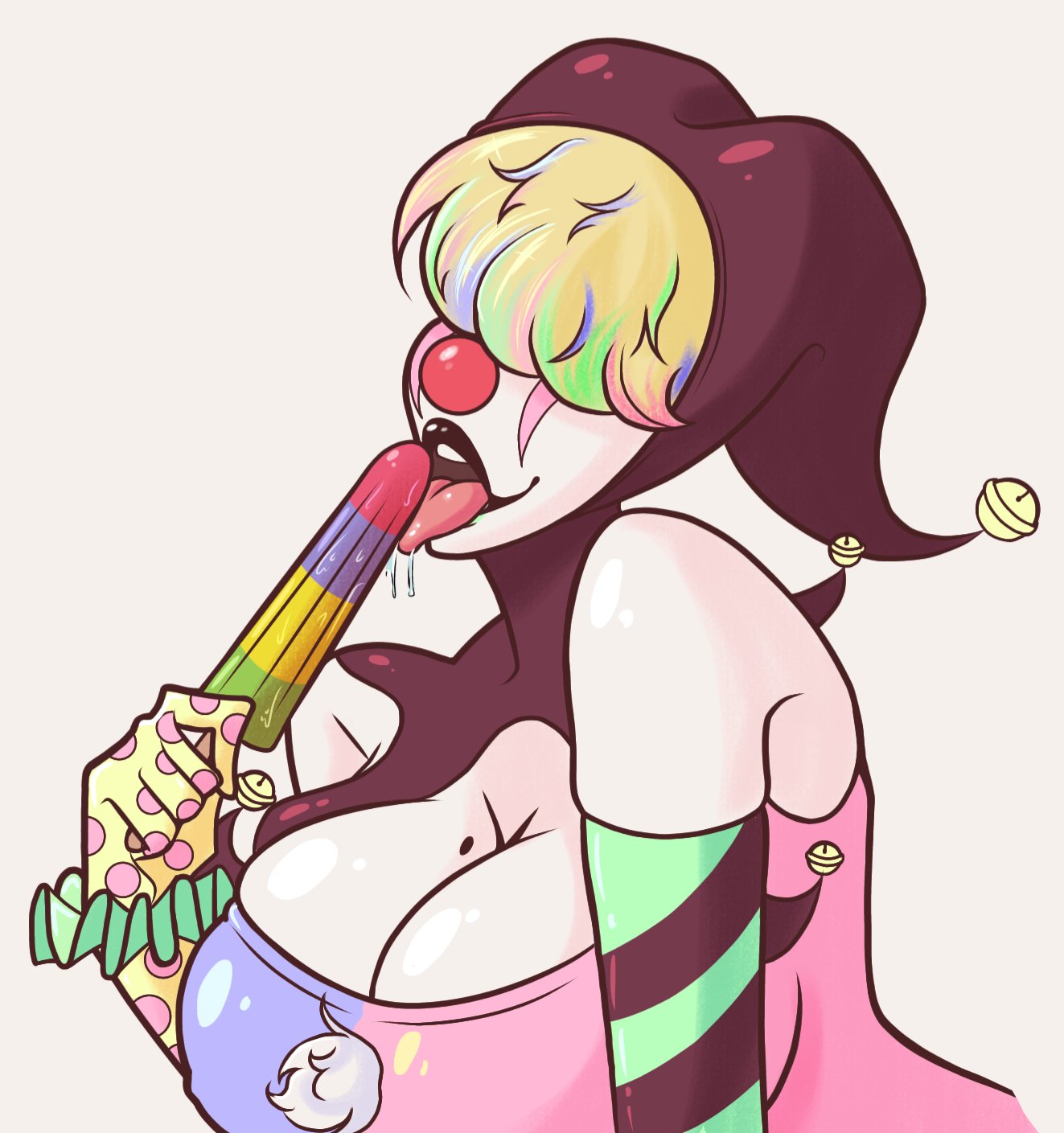 1girls big_breasts clown clown_girl clown_makeup clown_nose female female_focus female_only gloves lipstick minxami popsicle popsicle_in_mouth squishy_the_clown_(minxami) suggestive tongue