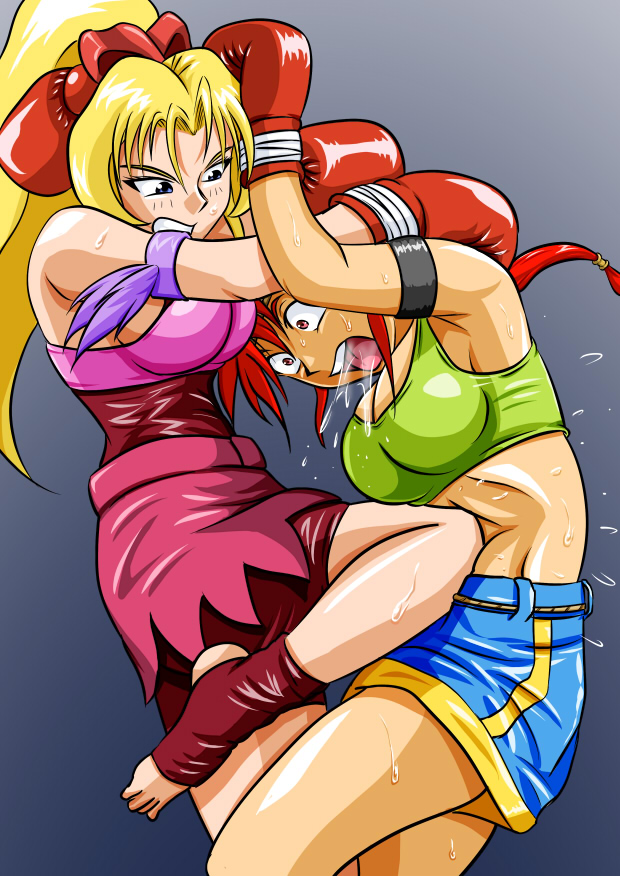 2girls ayane's_high_kick ayane_mitsui belly belly_punch big_breasts blonde_hair colored doujin doujinshi female female_focus female_only fist large_boobs large_breasts multiple_girls red_eyes red_hair ryona sakurako_miyagawa