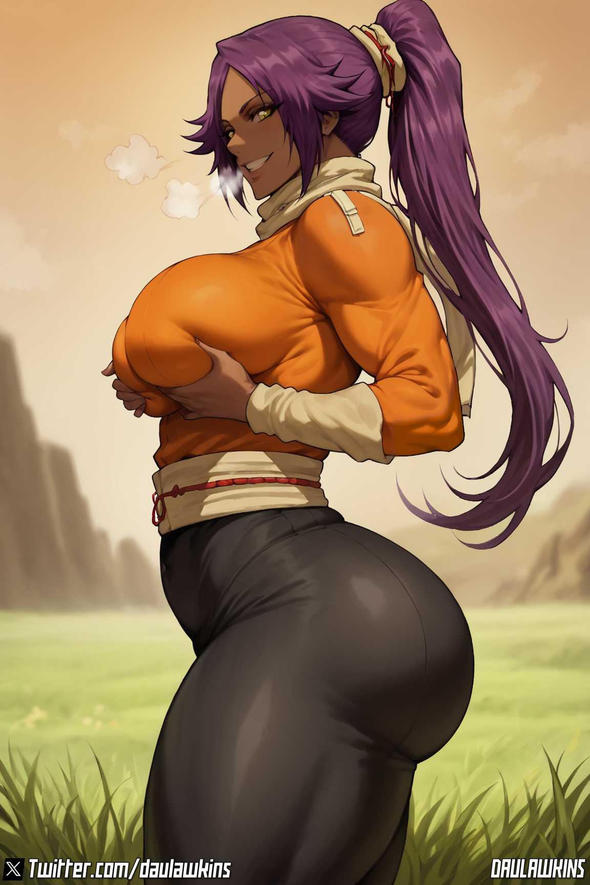 1girls, ai generated, armwear, ass, big ass, big butt, bleach, bleach: the thousand-year blood war, breast grab, breast squeeze, breasts, bubble ass, bubble butt, dark skin, dark-skinned female, daulawkins, fat ass, female, gloves, large breasts, looking at viewer, ponytail, purple hair, shihouin yoruichi, side view, solo, stable diffusion, thick lips, thick thighs, thighs, yellow eyes
