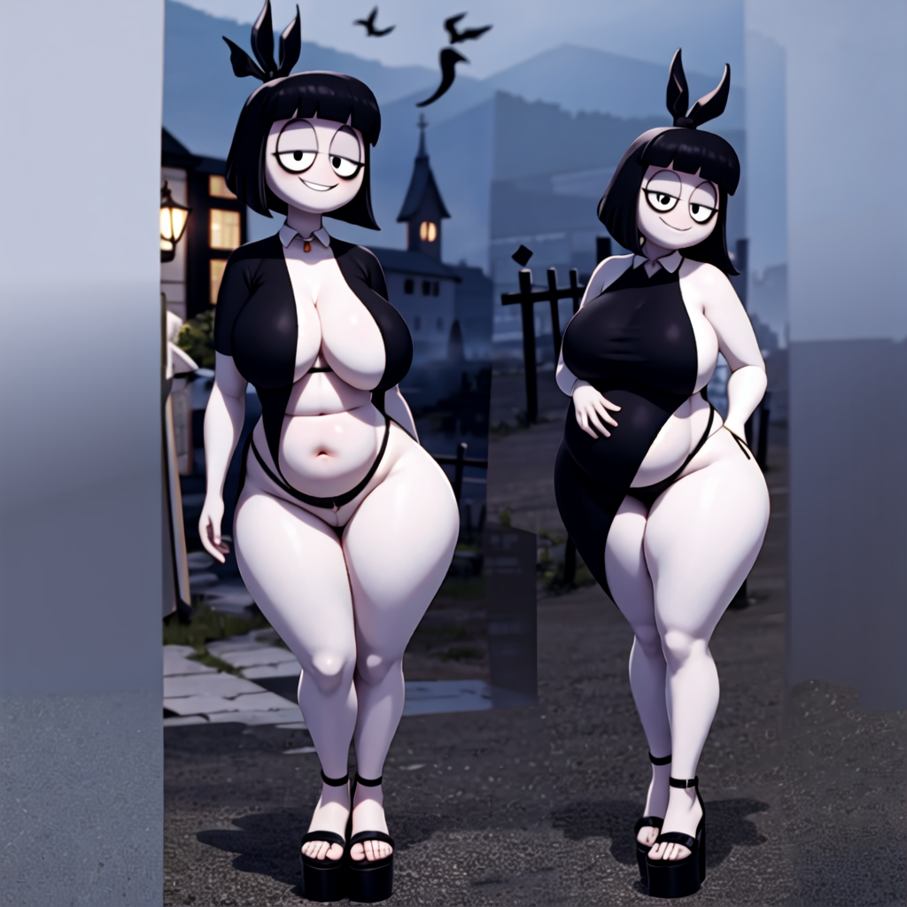 2girls adult_swim ai_generated bats big_ass big_breasts castle chubby chubby_female creepy_susie goth goth_girl graveyard holding_belly looking_at_viewer night platform_sandals short_dress smiling smiling_at_viewer the_oblongs thick_thighs thong