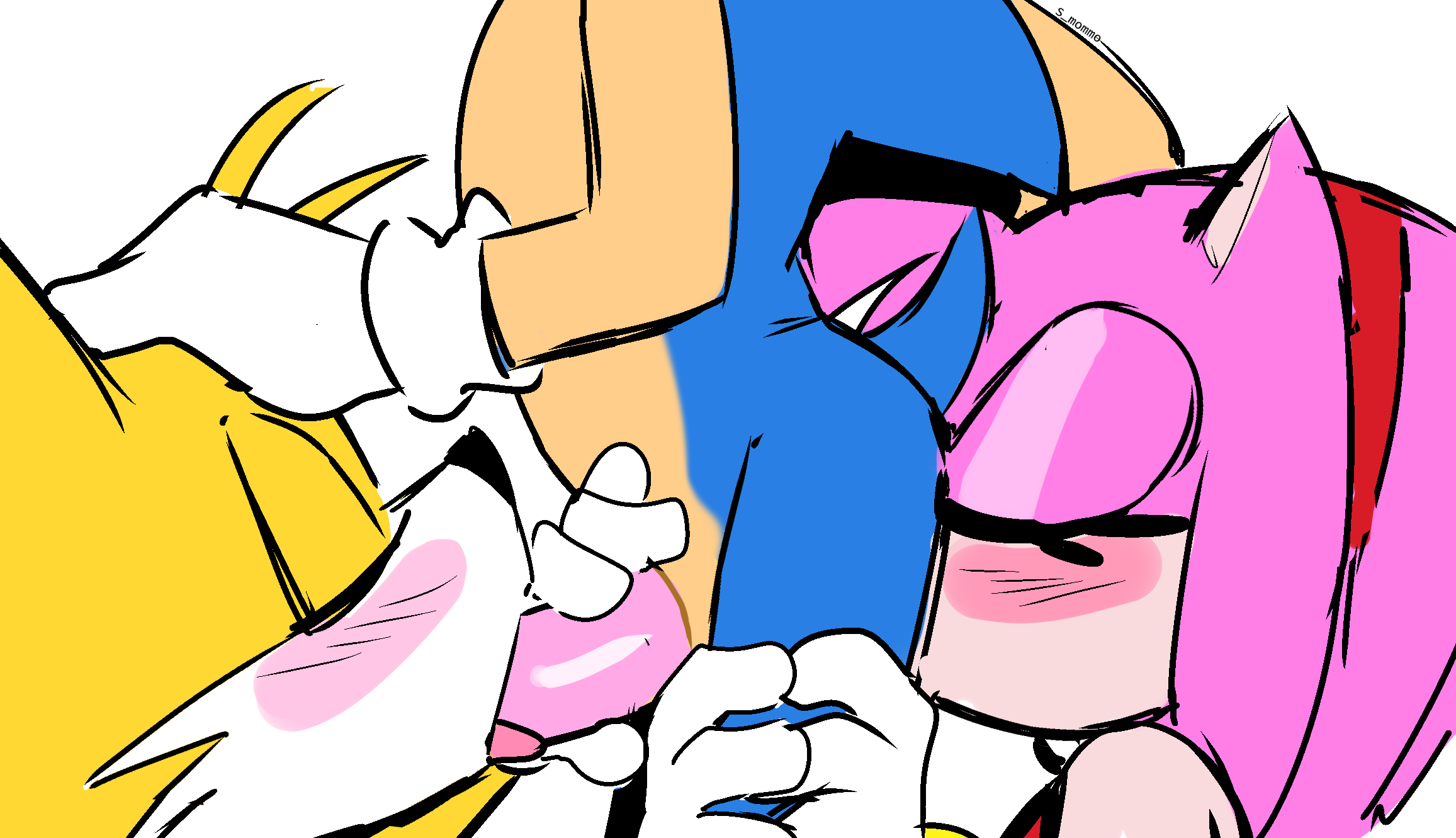1girls, 2boys, amy rose, bisexual, bisexual male, blowjob, blue plate special, blush, female rimming male, miles prower, muttgirl, rimjob, s mommo, smomo, sonic (series), sonic the hedgehog, tail, tails the fox