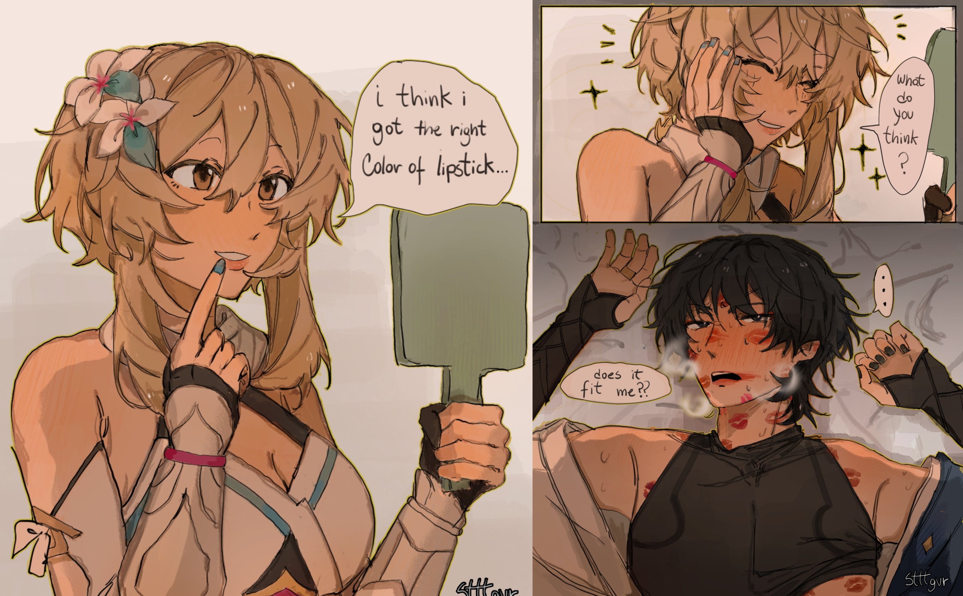 1boy, 1girls, bare shoulders, blonde hair, blue eyes, blue hair, blush, english text, female, femdom, genshin impact, happy, happy female, heavy breathing, lipstick, lipstick mark, lumine (genshin impact), lying, male, messy hair, mirror, red lipstick, scaramouche (genshin impact), shirt lift, stttgvr, submissive, submissive male, sweat, text bubble, twink