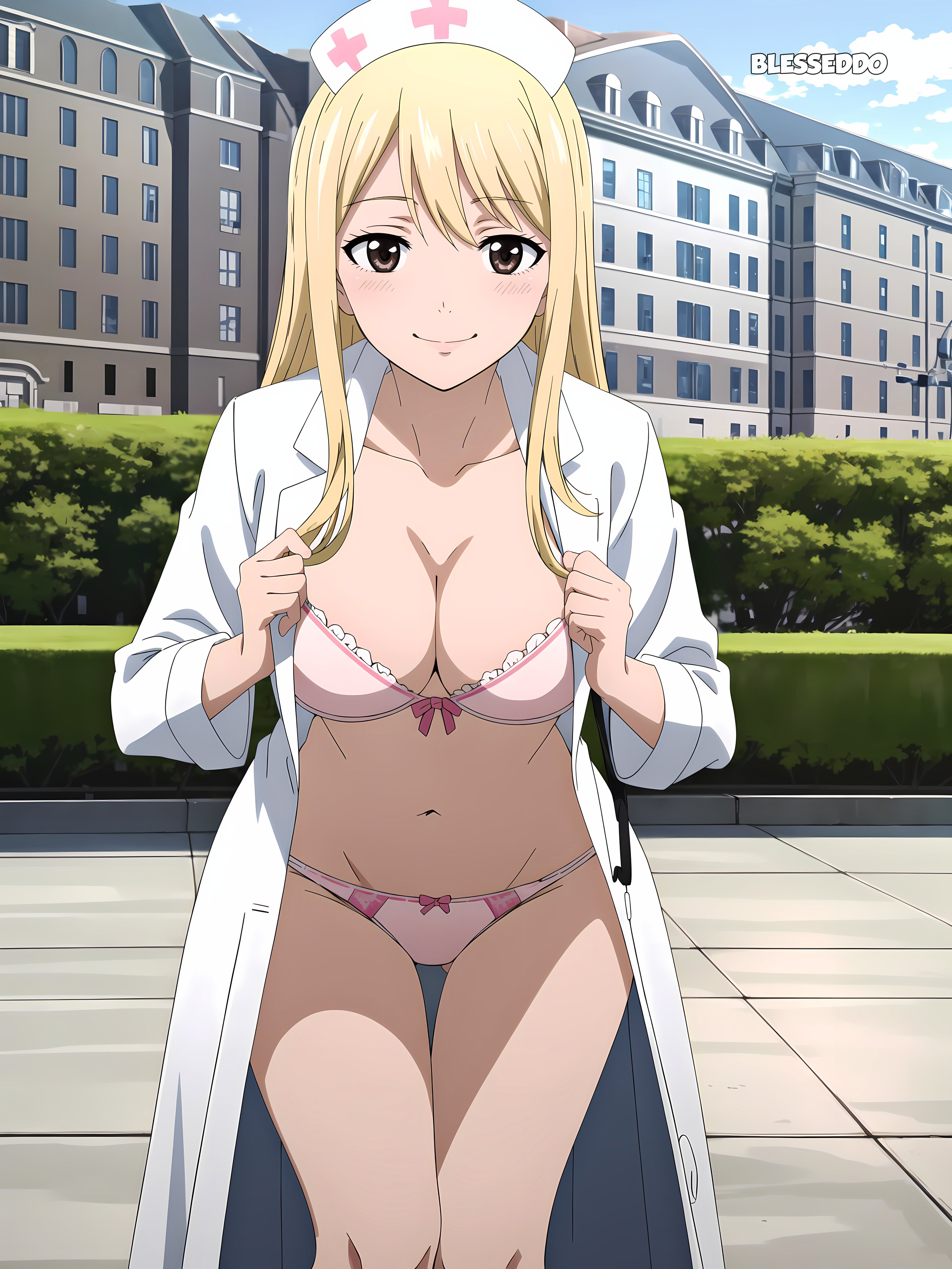 1girls, ai generated, big breasts, blesseddo, blonde hair, breasts, cleavage, fairy tail, female, long hair, looking at viewer, lucy heartfilia, solo