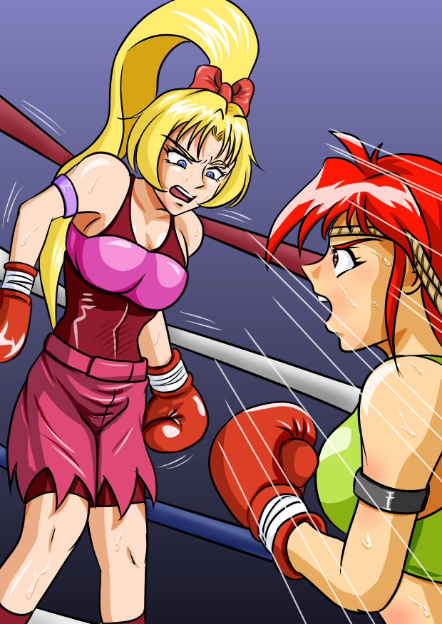 2girls ayane's_high_kick ayane_mitsui belly belly_punch big_breasts blonde_hair colored doujin doujinshi female female_focus female_only fist large_boobs large_breasts multiple_girls red_eyes red_hair ryona sakurako_miyagawa