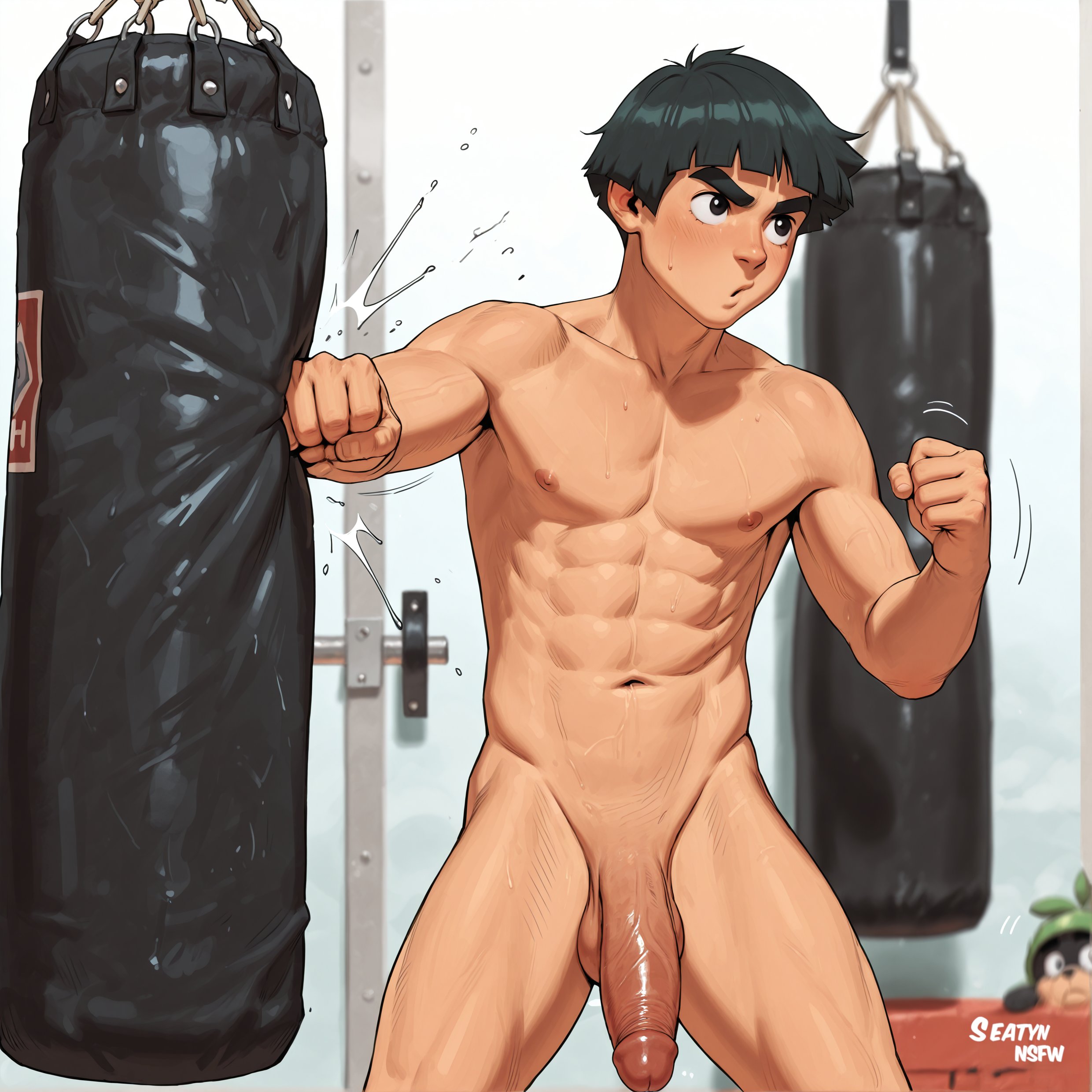 1boy, abs, ai generated, anime, big penis, black eyes, black hair, flaccid penis, gay, male, male focus, muscles, naked, naruto, naruto (series), nipples, penis, rock lee, seatyn nsfw, solo, solo focus, solo male, veiny penis, yaoi