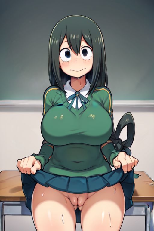 ai generated, blush, breasts, female, green hair, huge breasts, lifting skirt, my hero academia, on desk, pussy, tsuyu asui