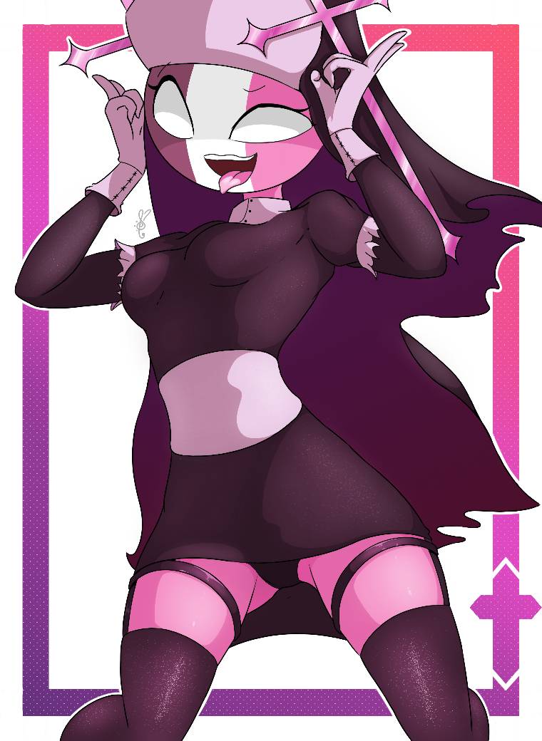 black panties, breasts, demon, female, friday night funkin, friday night funkin mod, medium breasts, miniskirt, nun, nun hat, panties, pink skin, sarvente (dokki.doodlez), somneyup, succubus, tongue, tongue out, white eyes
