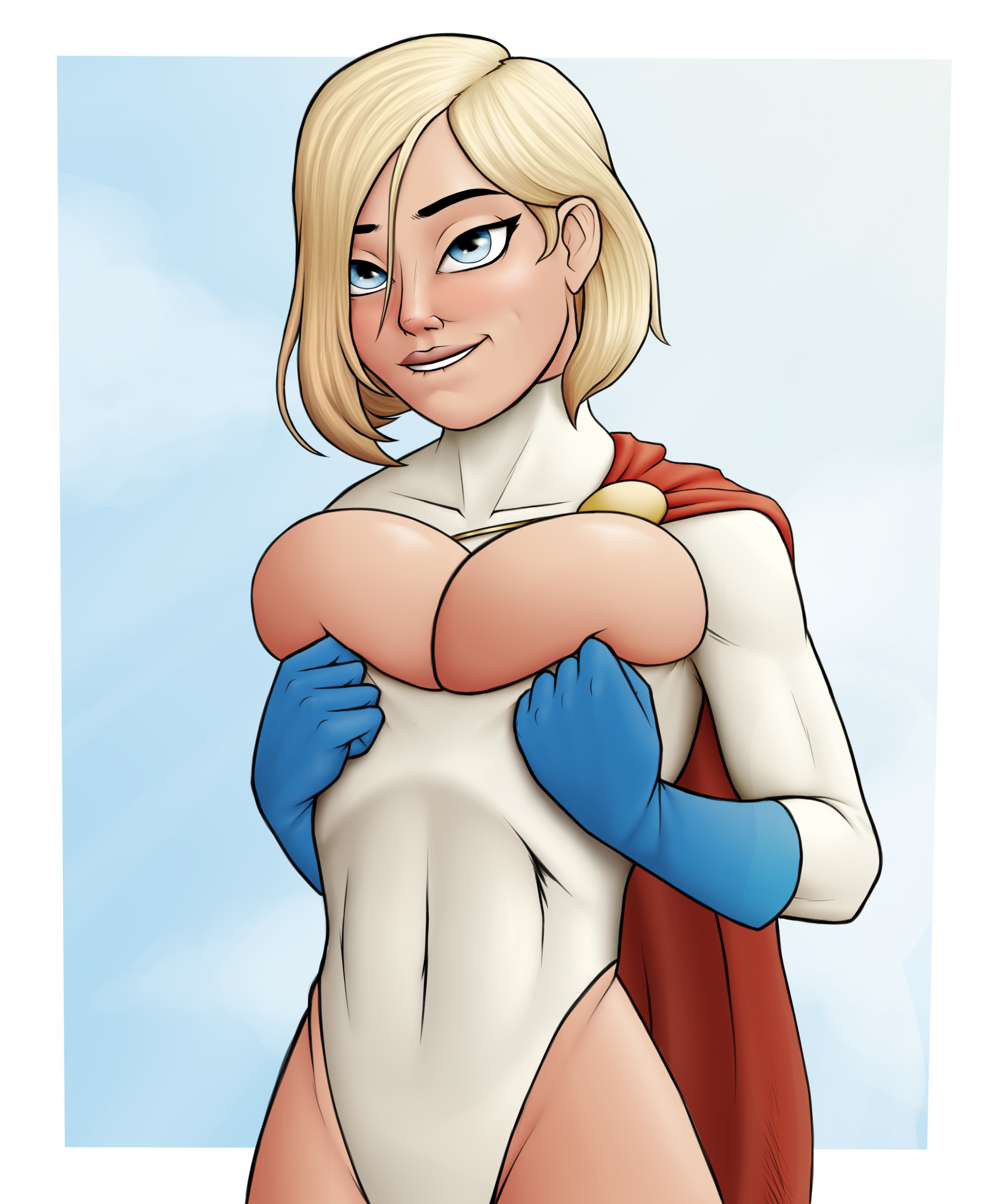 1girls, big breasts, bimbo, biting lip, blonde hair, blue eyes, breasts, dc, dc comics, emberstock, female, female only, highleg, kara zor-l, karen starr, large breasts, leotard, power girl, shiny skin, solo, superman (series)