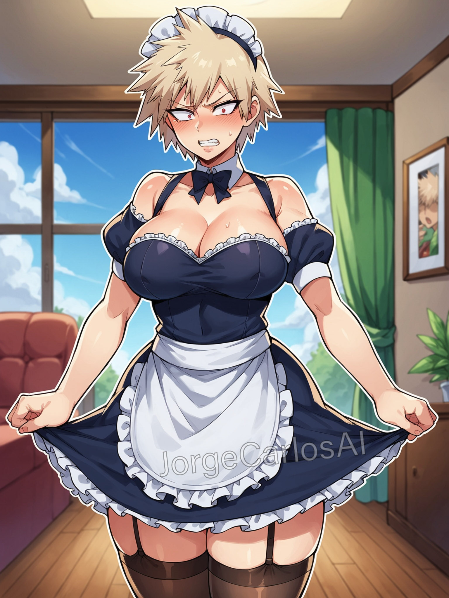 1girls, 1milf, ai generated, bakugou mitsuki, big breasts, blonde hair, boku no hero academia, breasts, cleavage, female, female focus, female only, jorgecarlosai, maid, maid apron, maid headdress, maid outfit, maid uniform, mature, mature female, milf, mitsuki bakugou, my hero academia, short hair, stockings, tagme