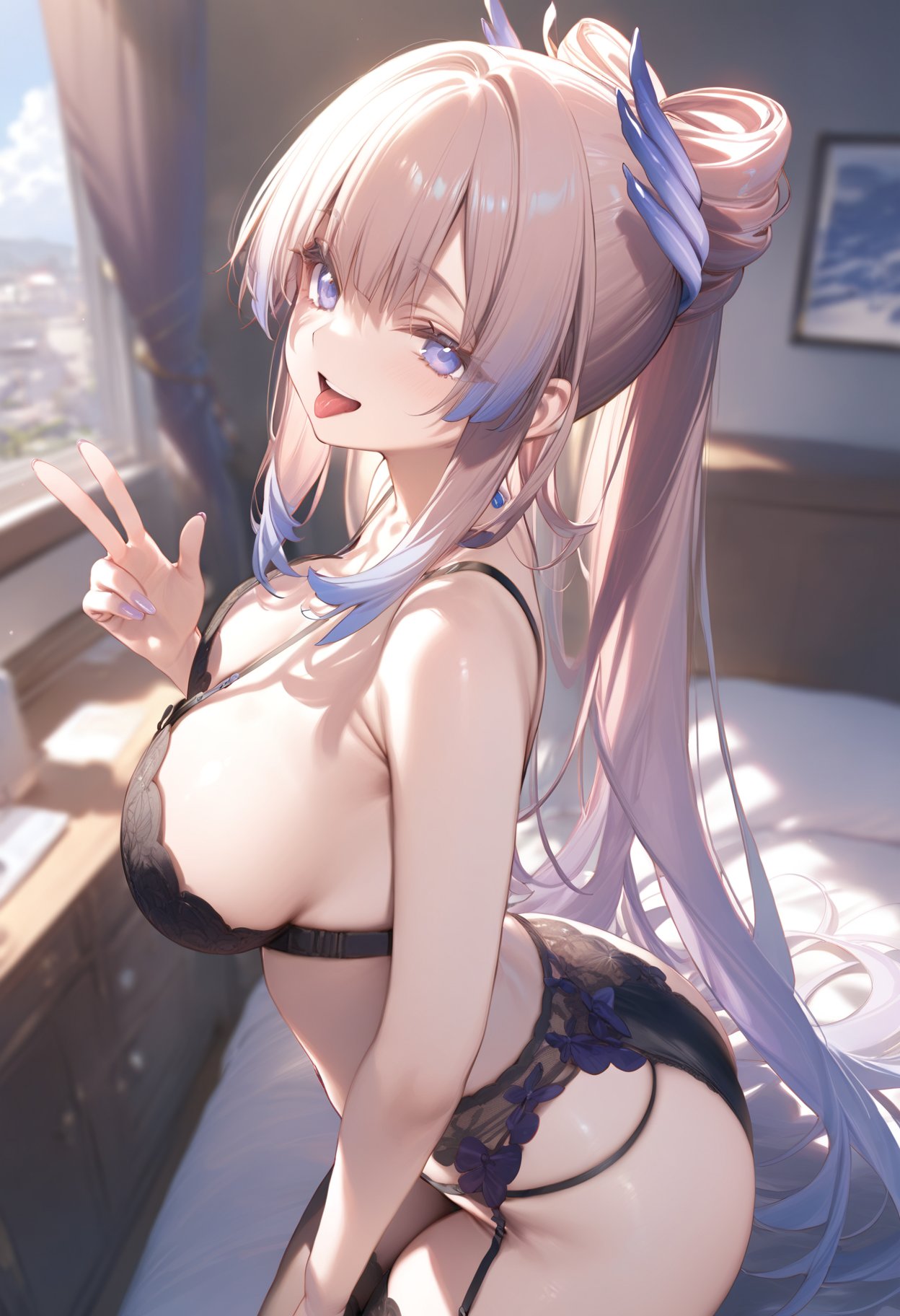 1girls, ai generated, bedroom, blue eyes, bra, breasts, female, female only, genshin impact, lingerie, morning, panties, pink hair, sangonomiya kokomi, solo, stockings, underwear