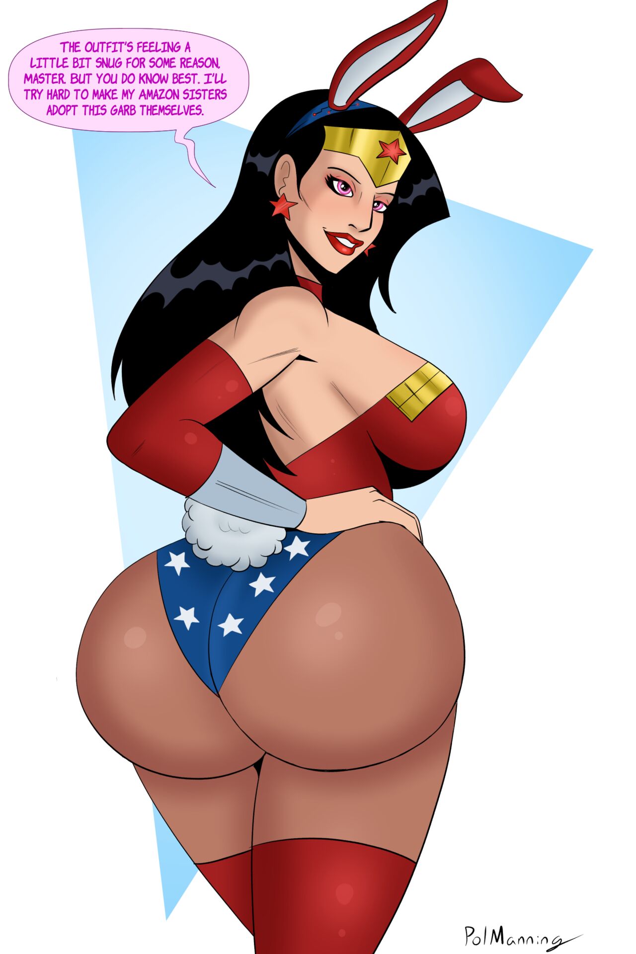 1girls, amazon, artist name, ass, ass focus, big ass, bottom heavy, breasts, bunny ears, bunny girl, bunny tail, bunnysuit, busty, dc, dc comics, female, female only, femsub, giant ass, hand on hip, huge ass, huge breasts, hypnotized, large breasts, light skin, light-skinned female, looking back, mind control, polmanning, rear view, round ass, showing ass, solo, speech bubble, stocking, superheroine, thick, tiara, tight clothing, wonder woman, wonder woman (series)