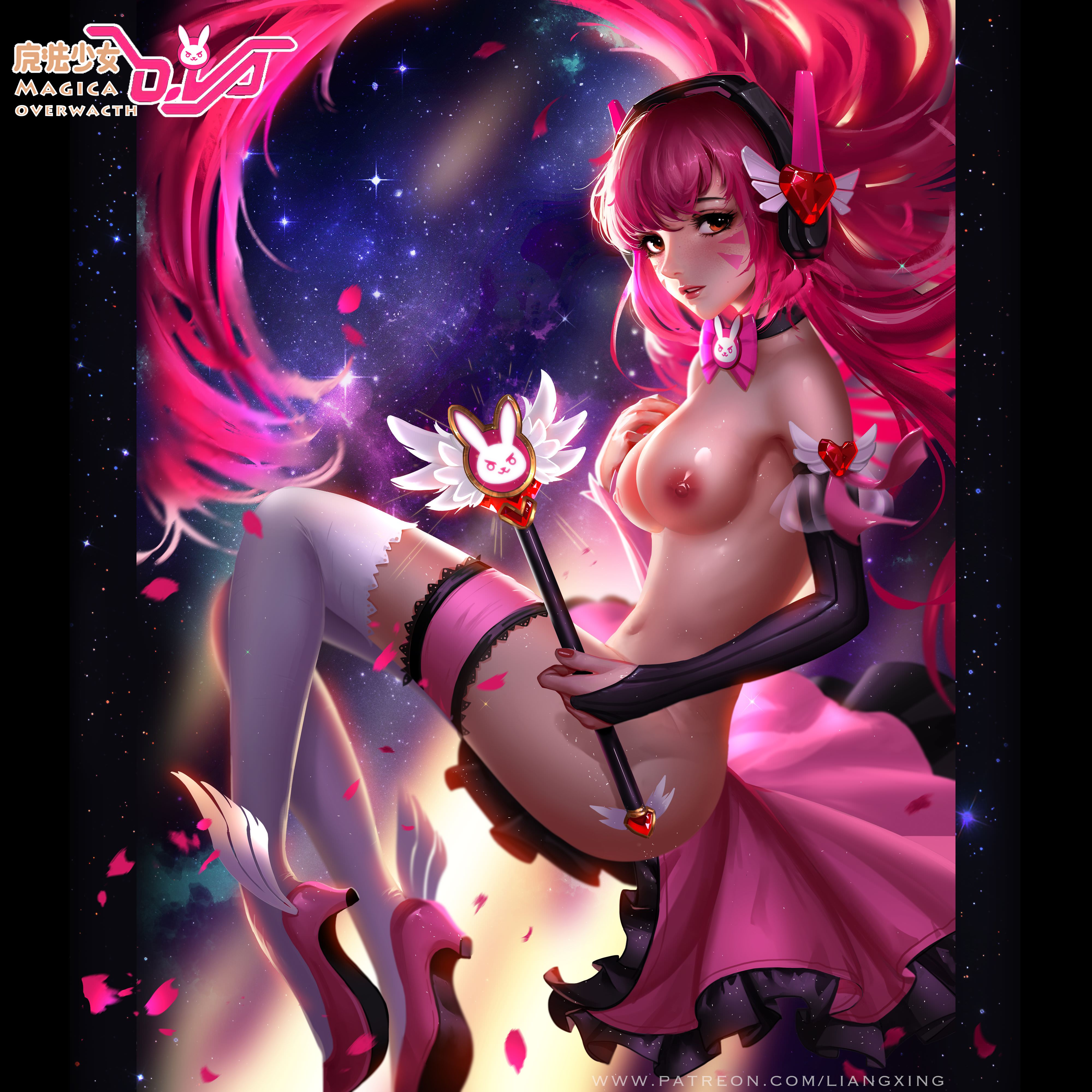 absurd res, absurdres, d.va, female, high resolution, highres, liang xing, long hair, magical girl, naked footwear, nude, overwatch, pink hair, tagme, thighhighs