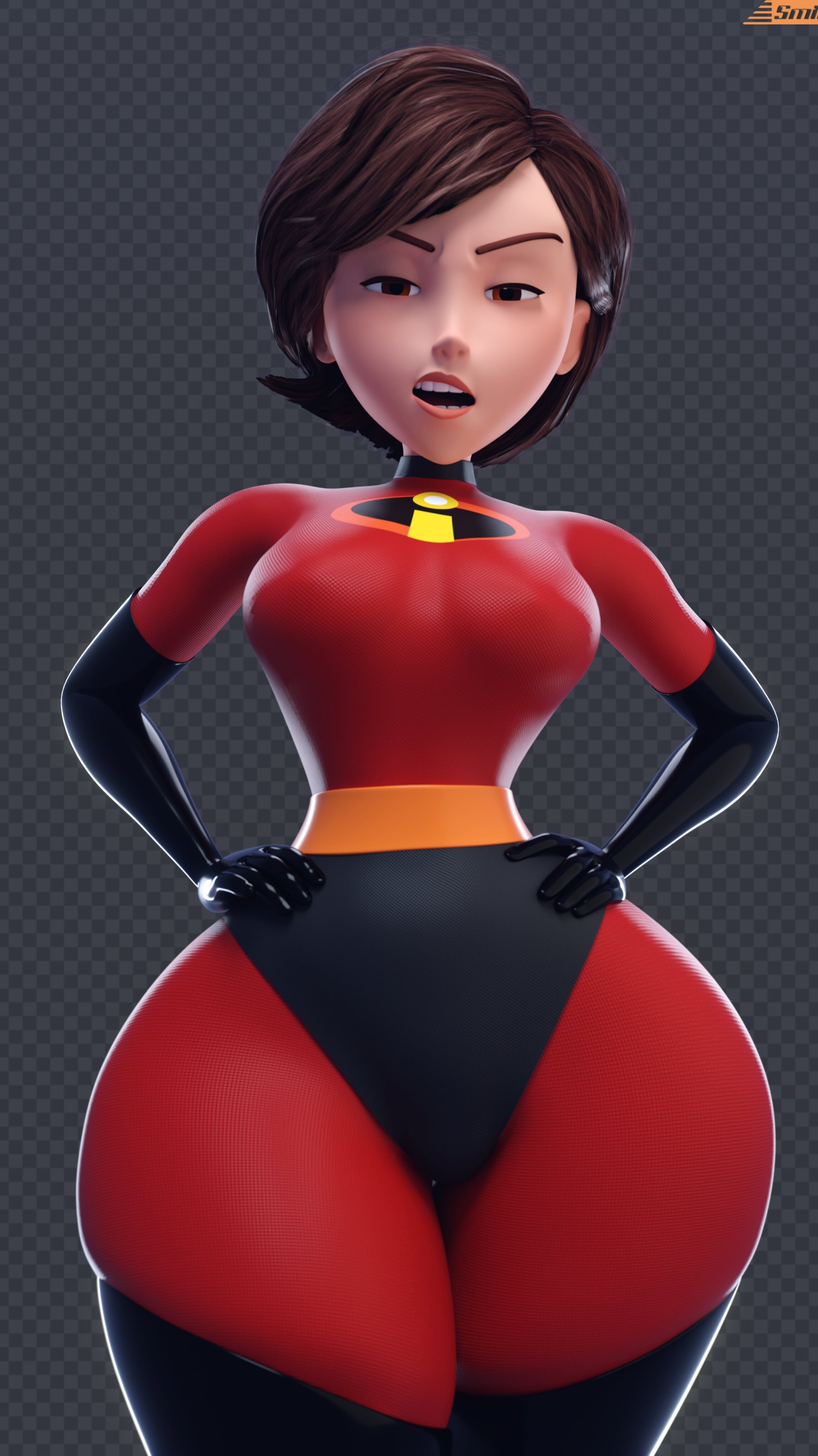 1girls, 3d, 3d model, angry, brown hair, disney, elastigirl, female, female only, hand on hip, helen parr, high resolution, highres, looking at viewer, looking down, mature female, milf, pear shaped, pear-shaped figure, pixar, pixar mom, short hair, smitty34, solo, tagme, the incredibles, the incredibles 2, thick thighs, tight clothing, tight fit, voluptuous, voluptuous female, wide hips