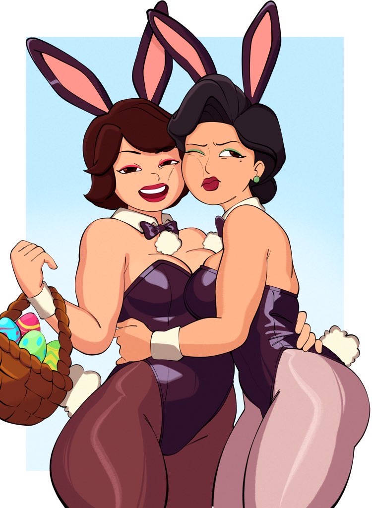 2girls 2milfs annoyed blue_background bowtie bunny_ears bunny_tail bunnysuit cheek_to_cheek cleavage disney easter easter_egg embarrassed hug leotard lily_lee milf ming_lee multiple_girls playboy_bunny sitrusimp symmetrical_docking turning_red white_background