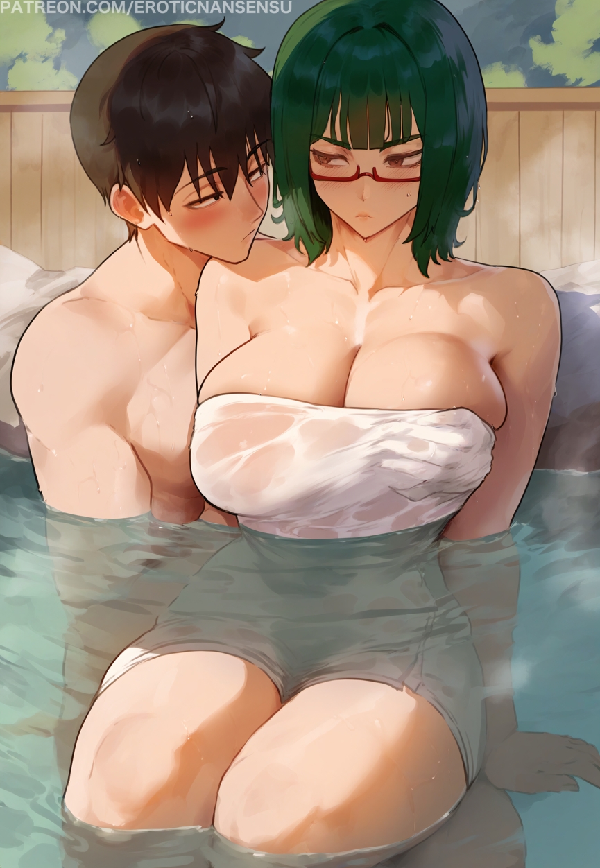 1boy, 1girls, 2d, ai assisted, ai generated, artist name, bangs, bathing together, blunt bangs, blush, breasts, brown eyes, brown hair, cleavage, closed mouth, curvy, erotic nansensu, eyewear, female, glasses, grabbing another's breast, grabbing from behind, green hair, groping, groping breasts, groping from behind, hand under clothes, hot spring, jujutsu kaisen, large breasts, male, medium hair, mixed bathing, mommy, naked towel, nude, nude male, on lap, onsen, partially submerged, patreon username, see-through, short hair, sitting, sitting on lap, sitting on person, steam, straight hair, student, teenager, teenager on teenager, thick thighs, towel, towel only, under-rim eyewear, url, water, wet, yuta okkotsu, zenin maki