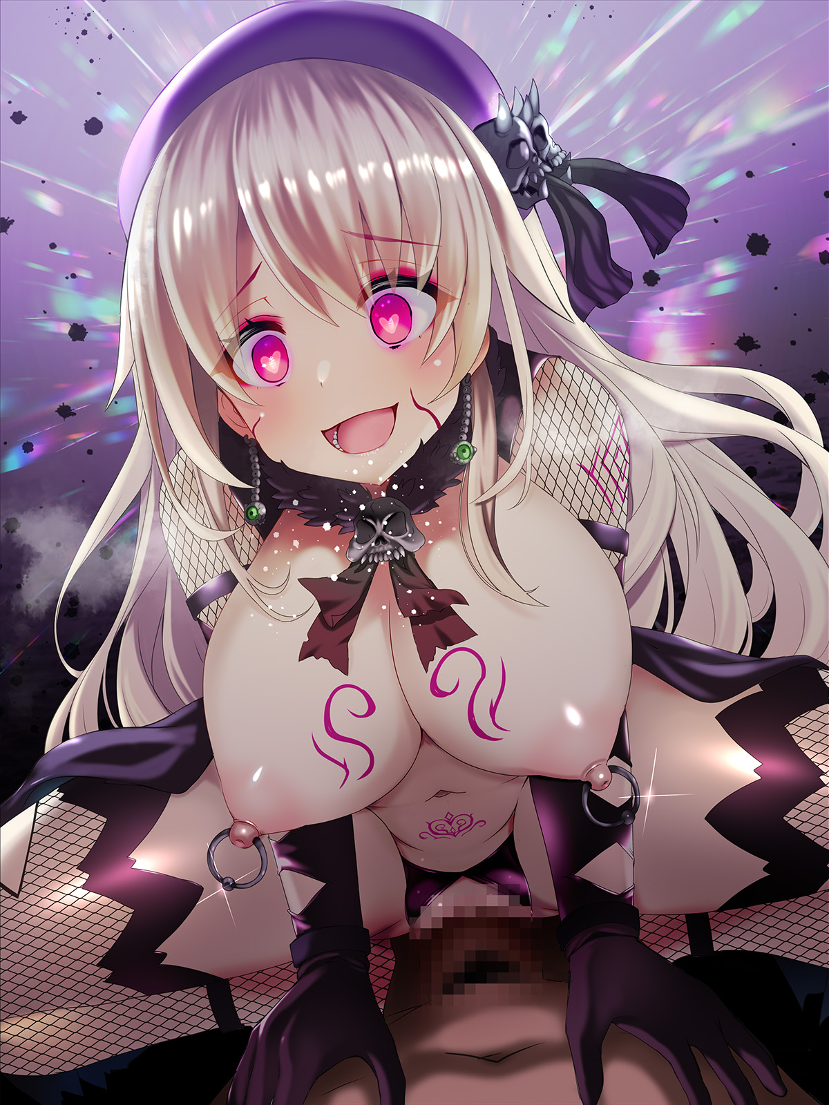 1boy, 1girls, areolae, arm tattoo, atago (kantai collection), belly button, breast tattoo, breasts, censored, corrupted, corruption, ear piercing, earrings, eyeshadow, female, female focus, fishnets, gloves, hat, heart, heart-shaped pupils, kantai collection, large breasts, male, navel, nipple piercing, nipples, okuri banto, open mouth, penetration, penis, penis in pussy, piercing, pink eyes, pubic tattoo, pussy, sex, solo focus, spread legs, steam, tattoo, thighhighs, thighs, vaginal penetration, white hair
